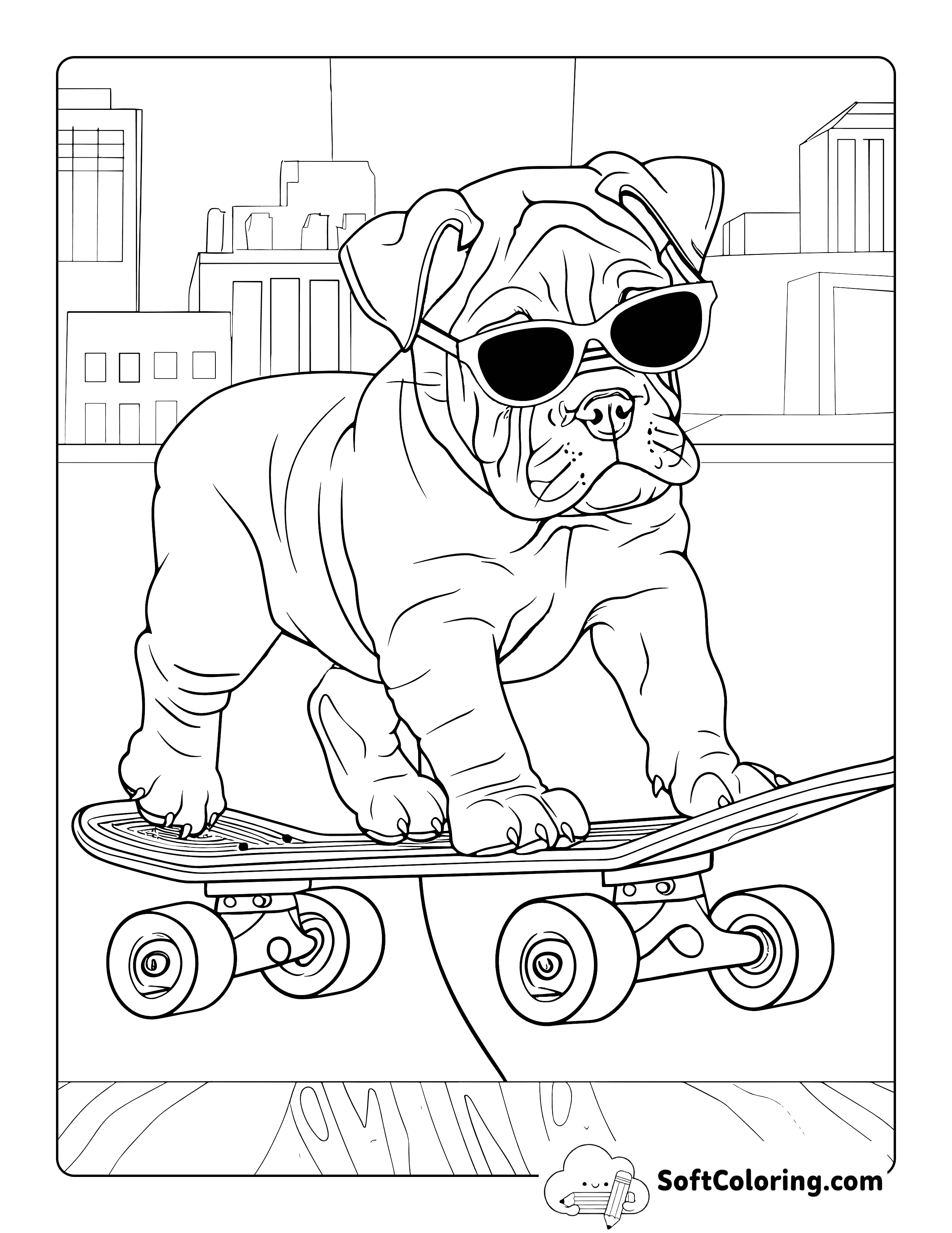 Bulldog Skateboarding Sports Coloring Page for Teens and Adults