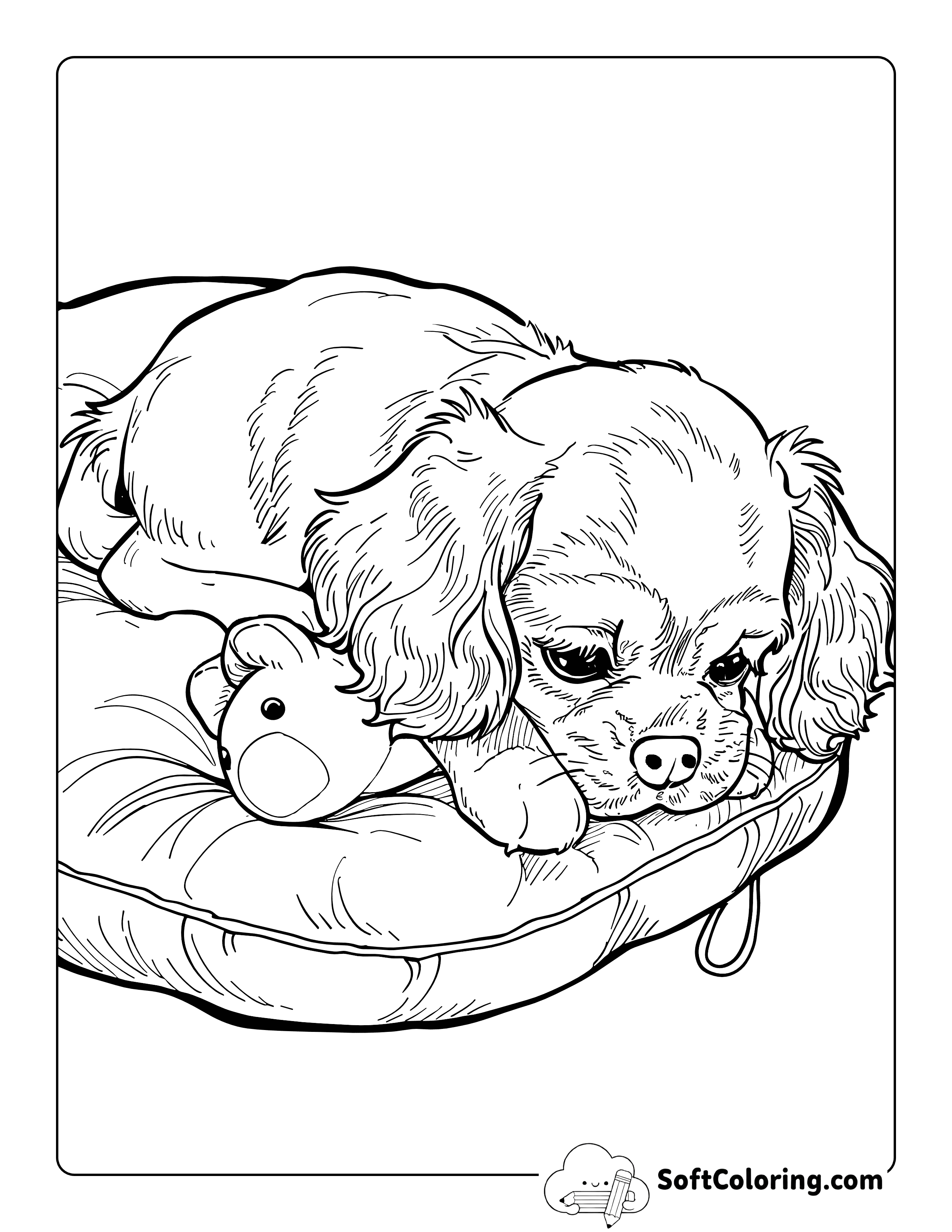 Adorable Spaniel with Toy Realistic Coloring Page Printable