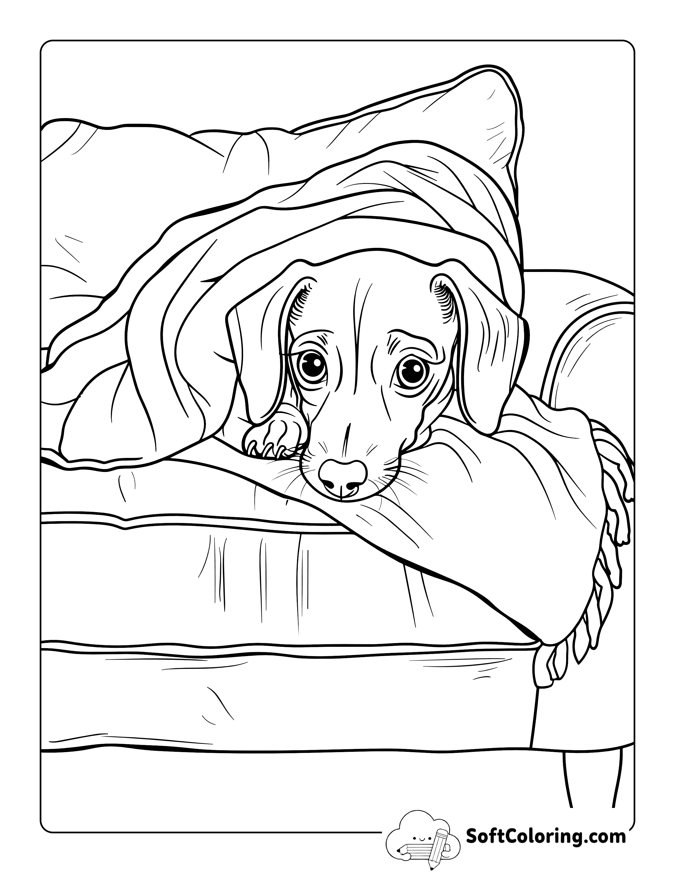 Cute Dachshund Under Cozy Blanket Coloring Page