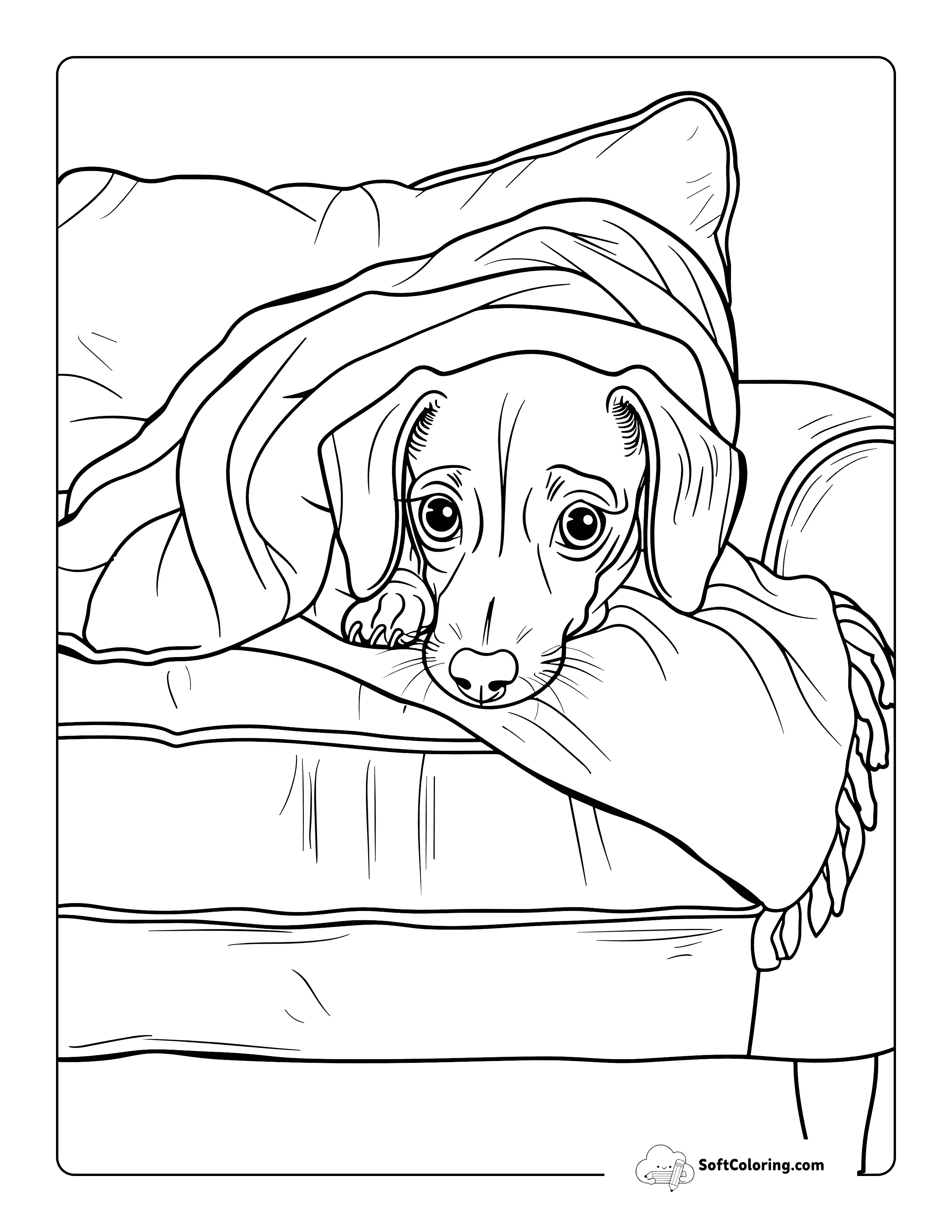 Adorable Dachshund Under Blanket Coloring Page