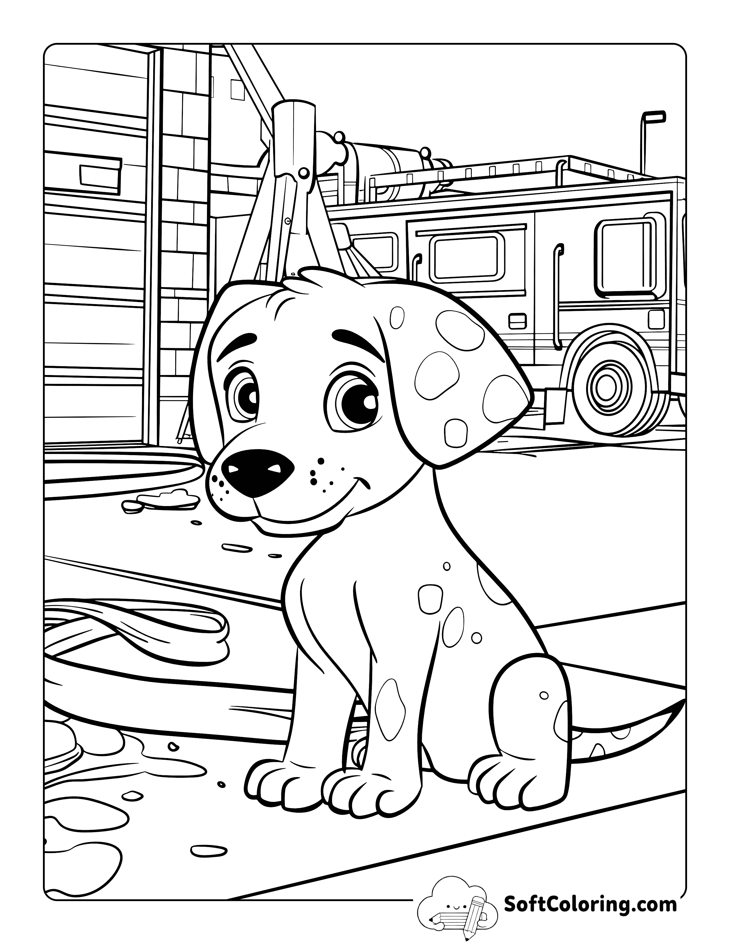 Cute Dalmatian at Firestation Coloring Sheet