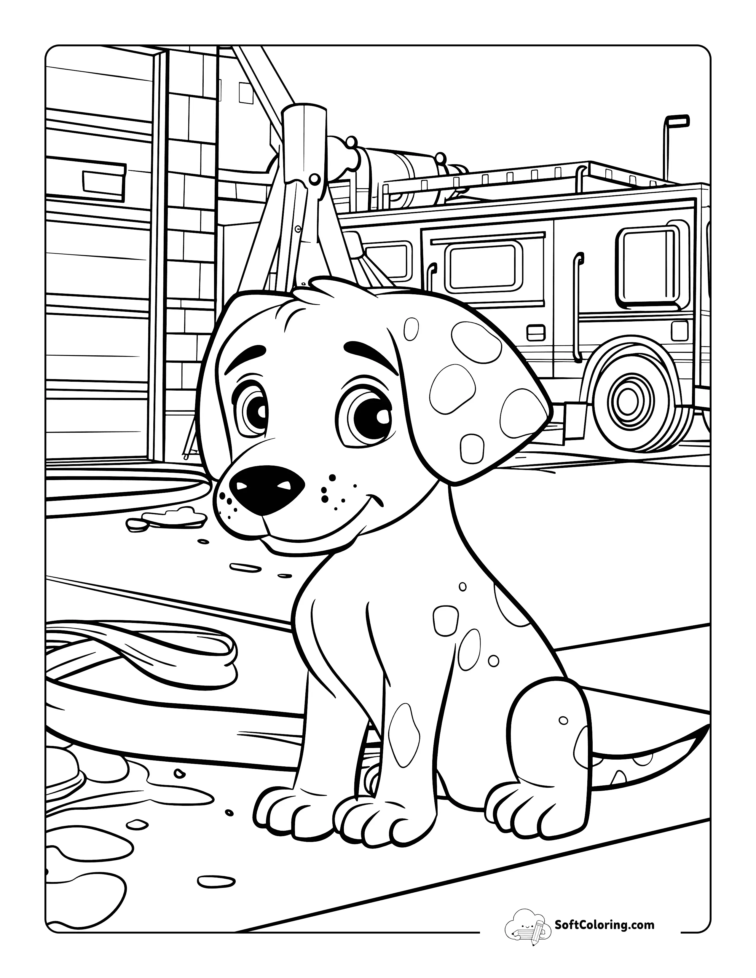 Cute Dalmatian At Firestation Coloring Sheet