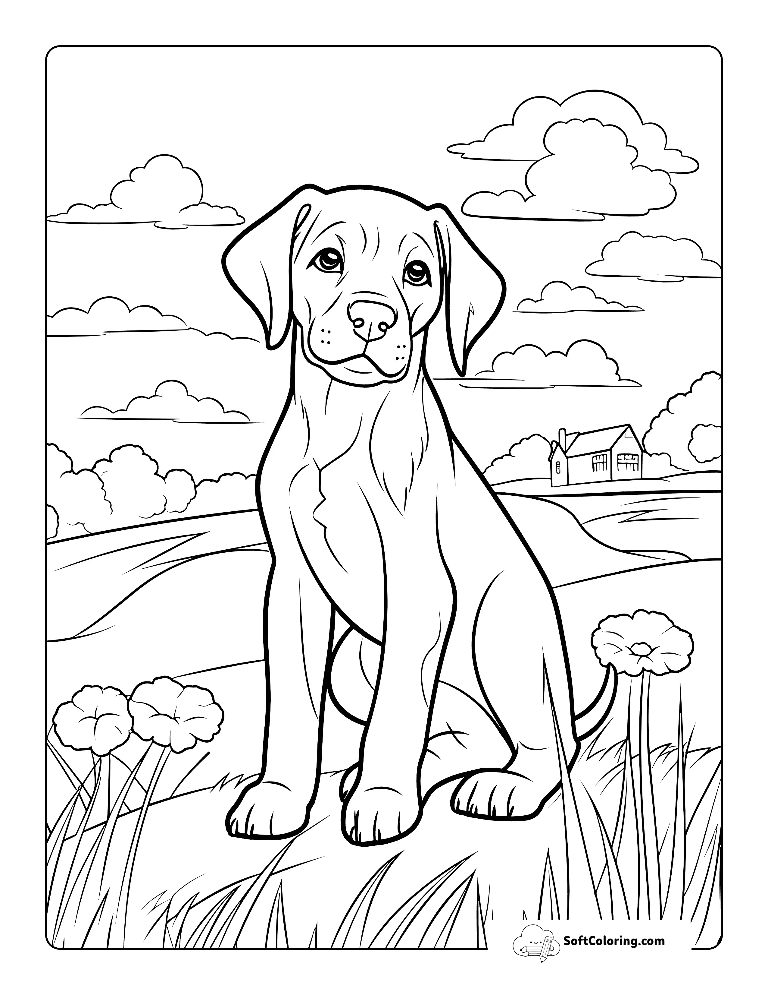 Easy Puppy In Outdoor Scene Coloring Page