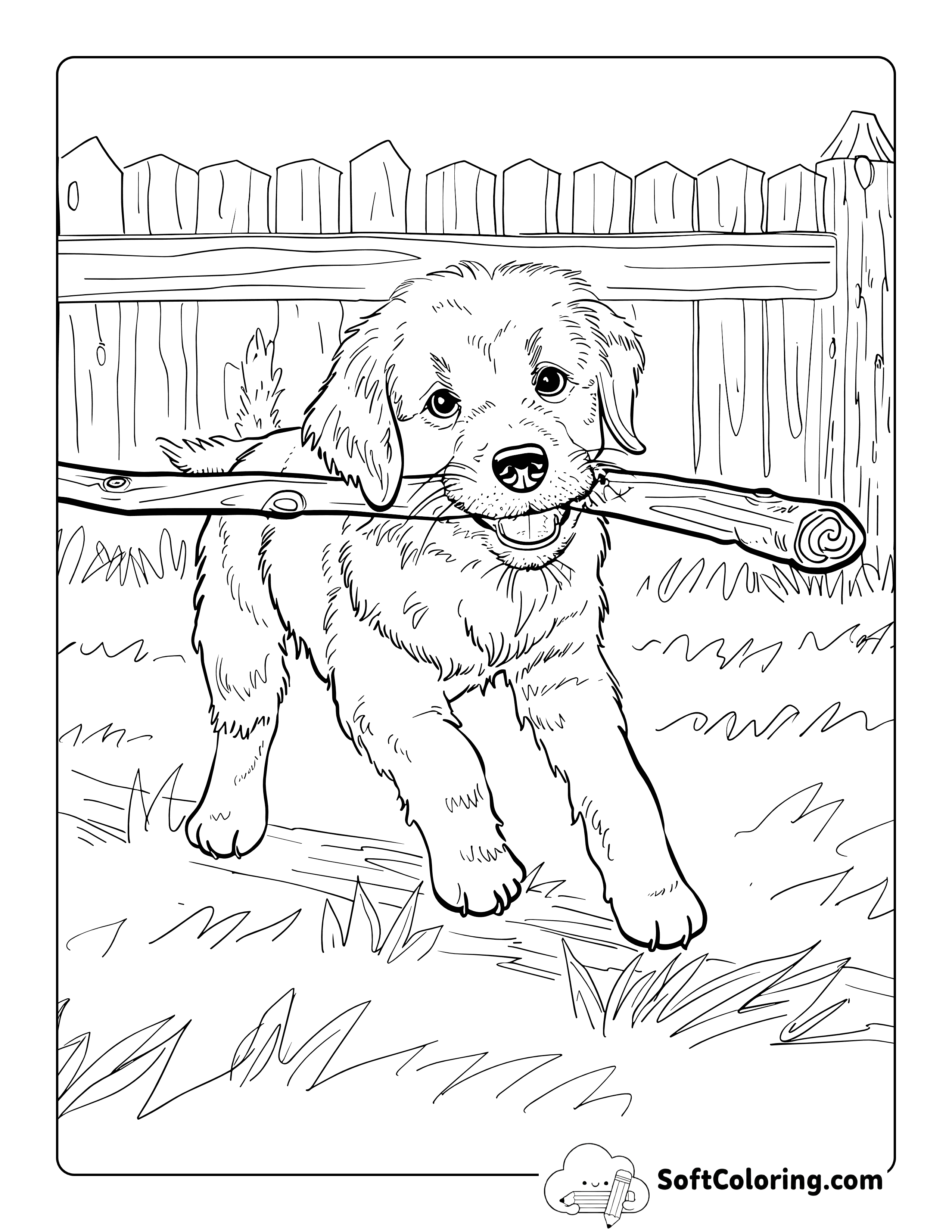 Realistic Golden Retriever Puppy Fetching Stick Coloring Page