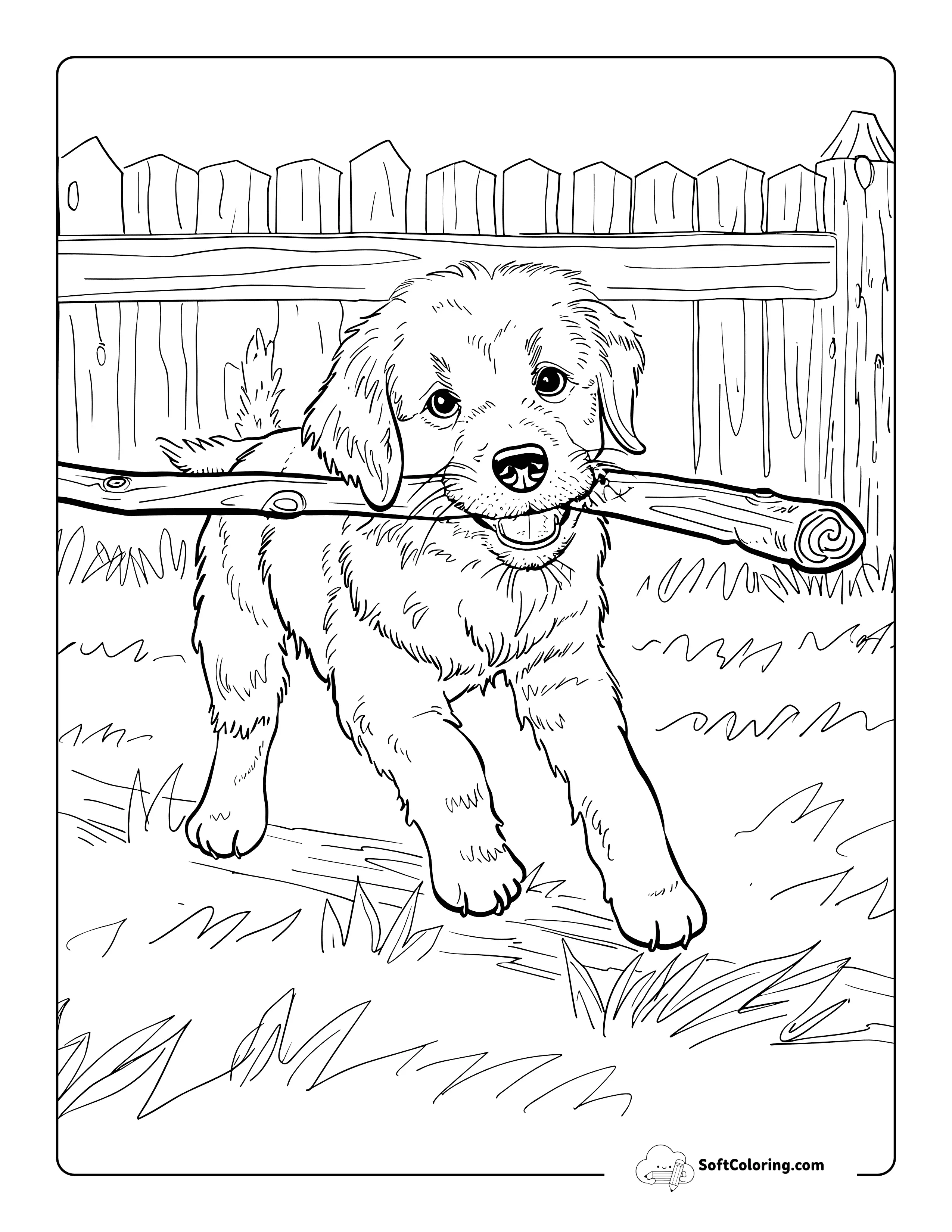 Realistic Golden Retriever Puppy Fetching Stick Coloring Page
