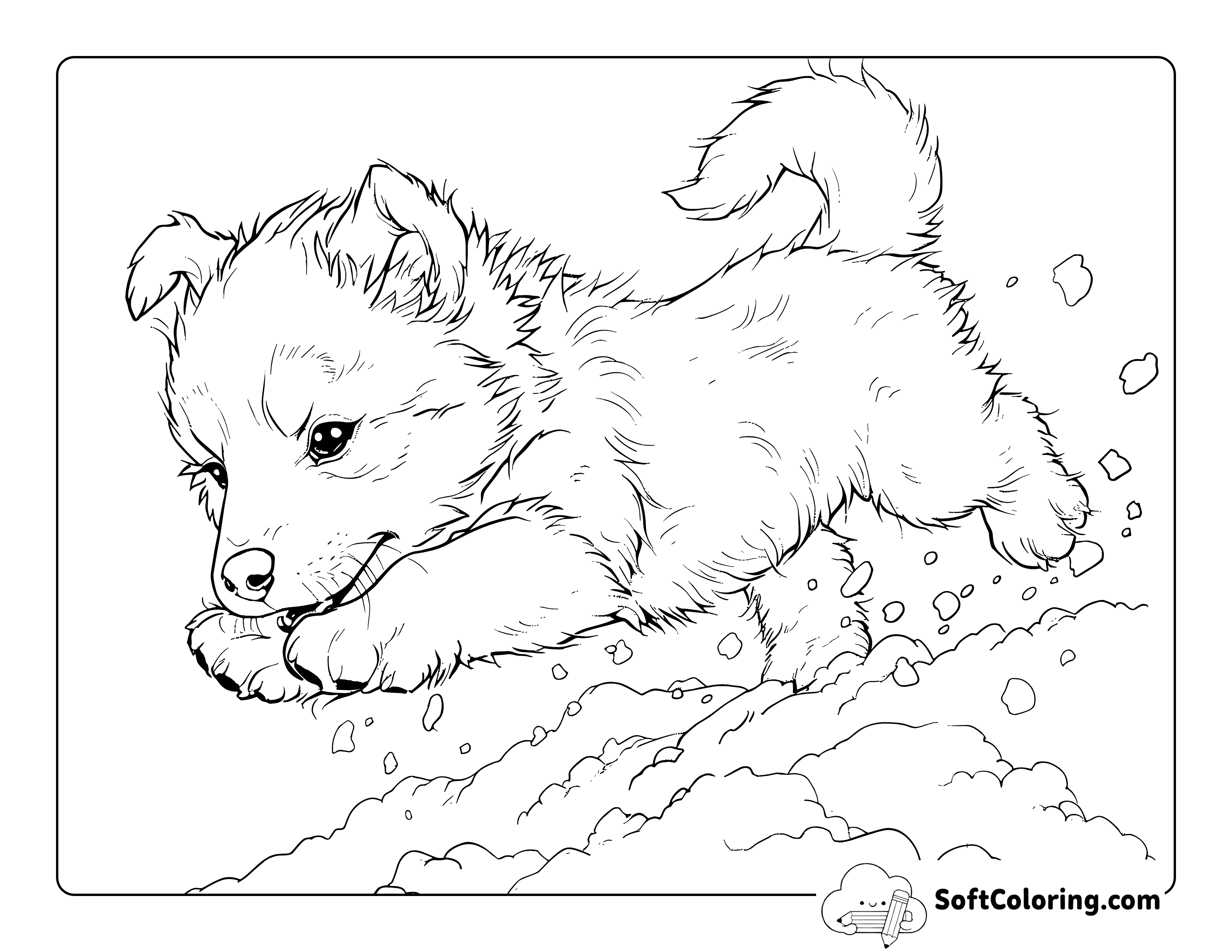 Adorable Husky Puppy Leaping in Snow Coloring Page