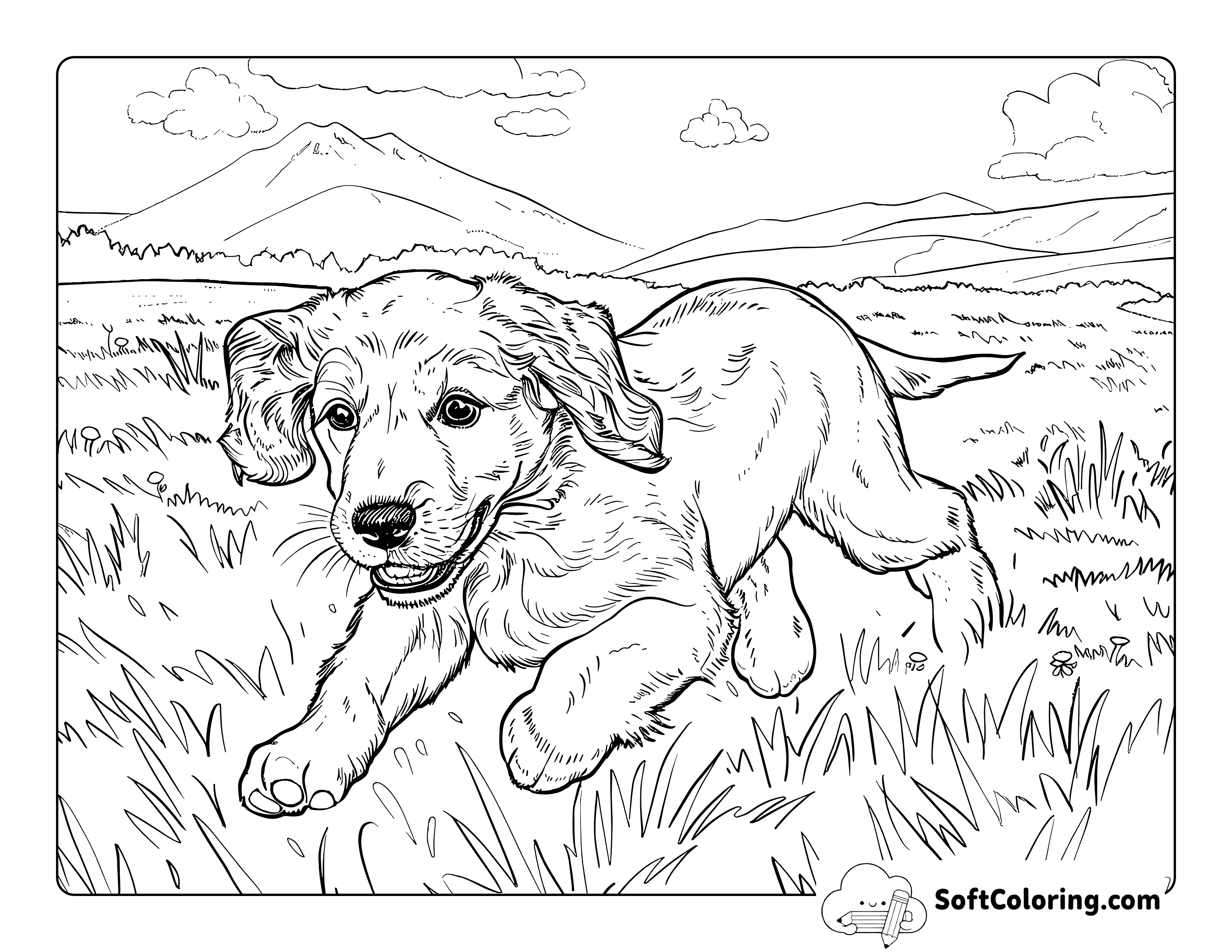 Playful Realistic Puppy Scenic Running Coloring Page