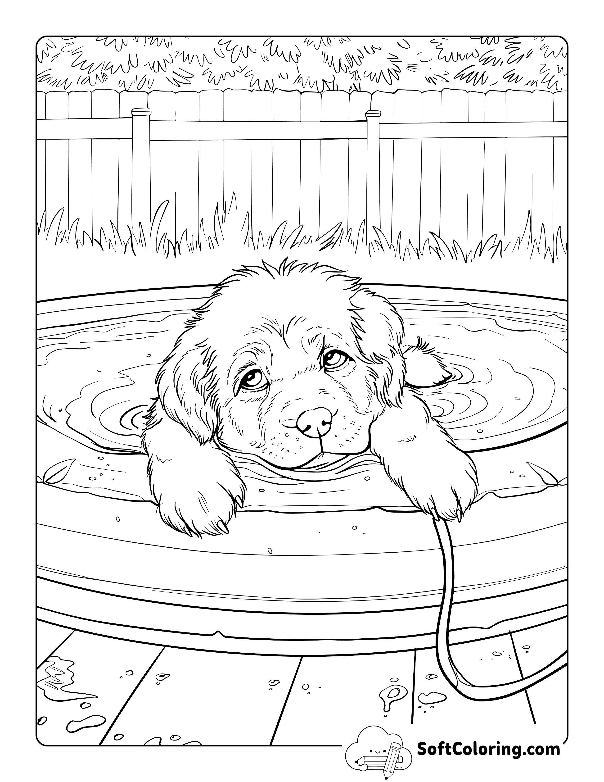 Big Realistic Puppy Taking Bath Coloring Sheet