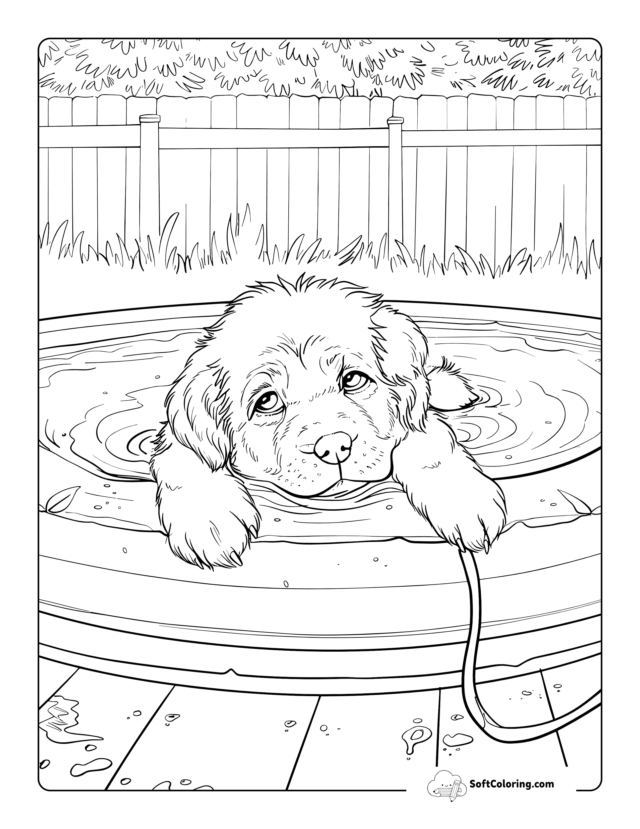 Big Realistic Puppy Taking Bath Coloring Sheet