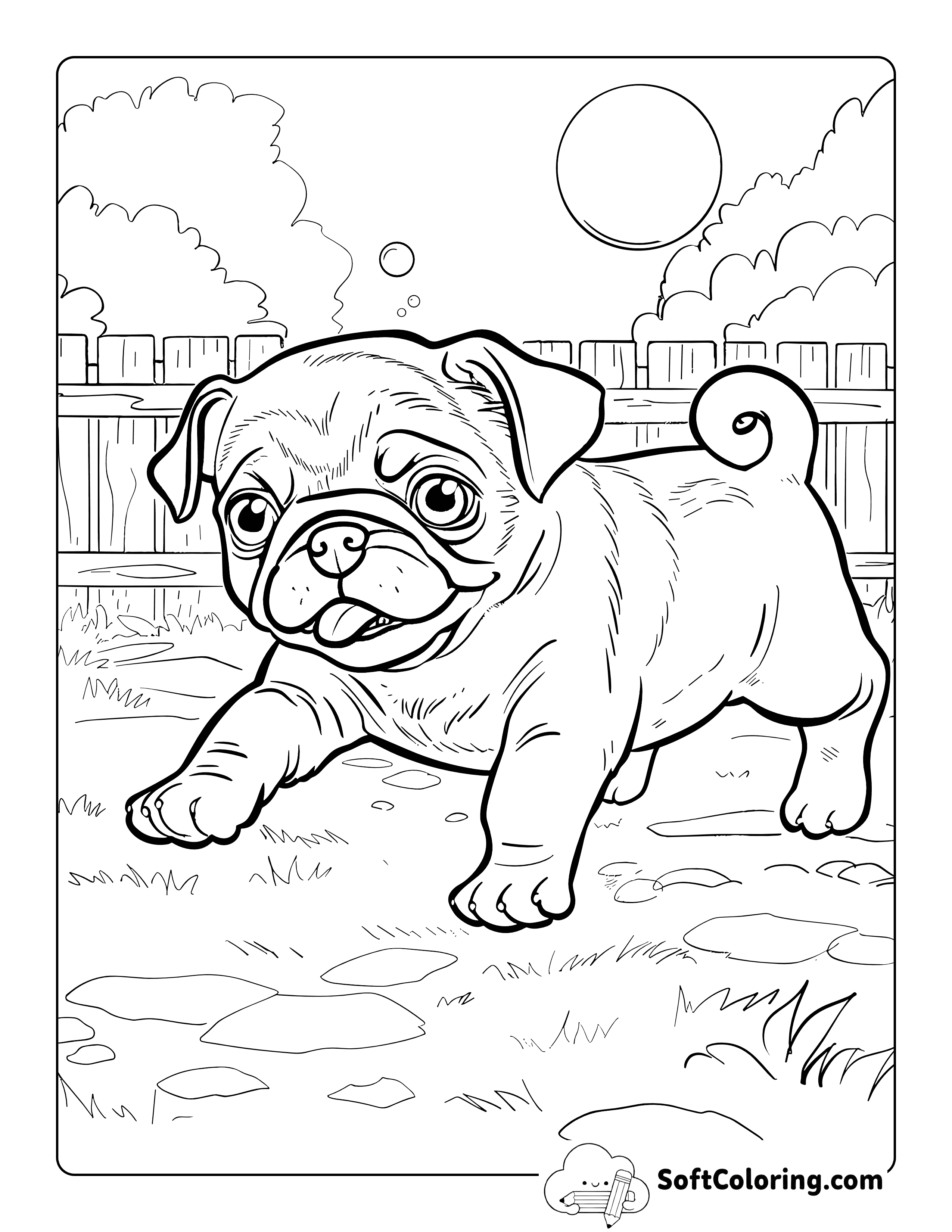 Silly Pug Chasing a Bubble Puppy Coloring Scene