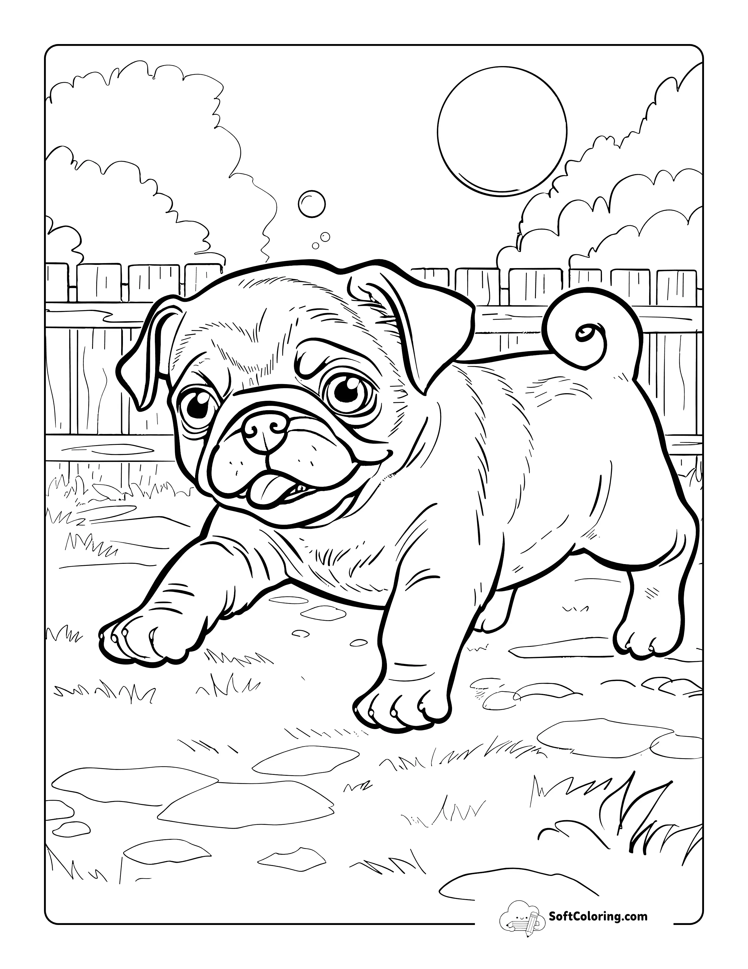 Silly Pug Chasing A Bubble Puppy Coloring Scene