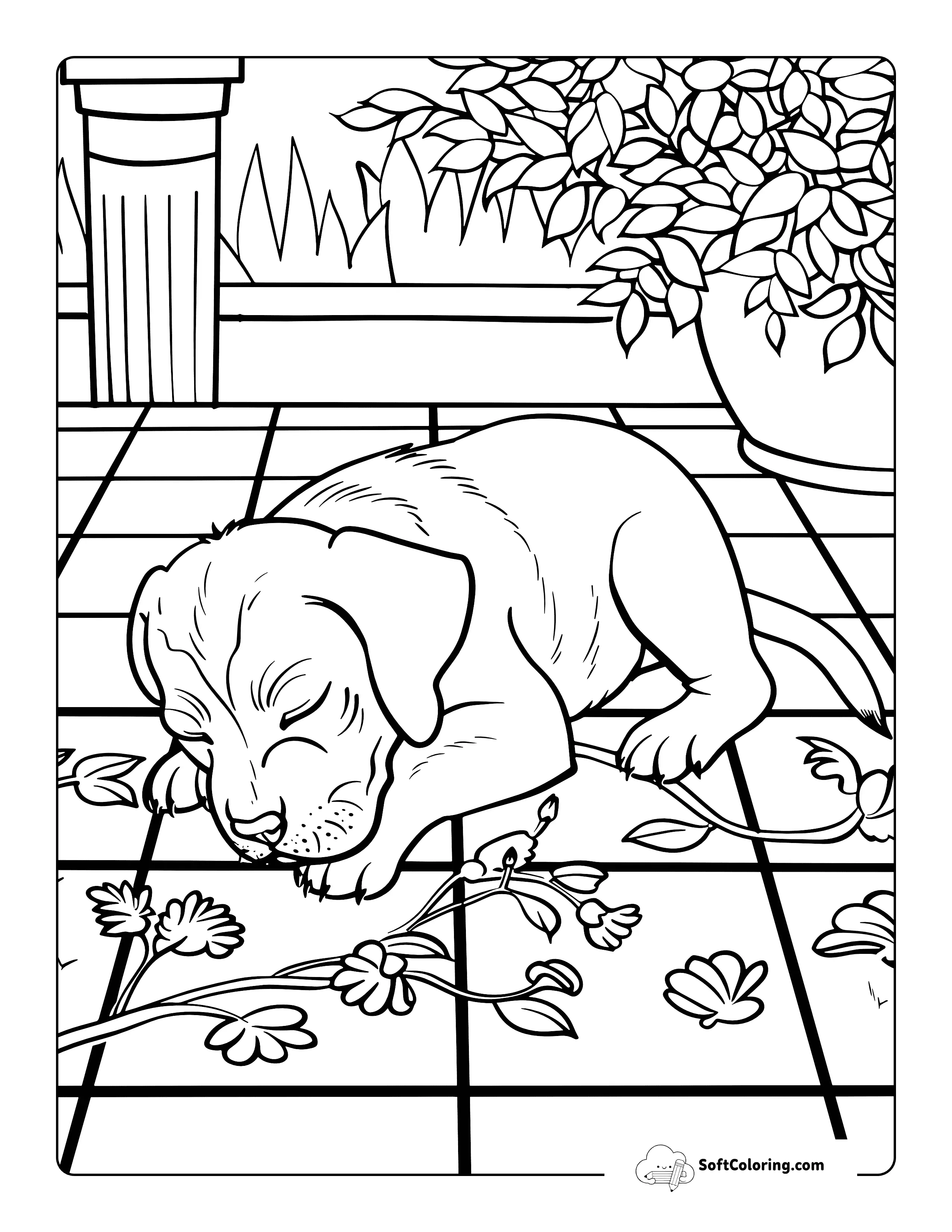 Cute Puppy Napping On Patio Aesthetic Plant Coloring Page