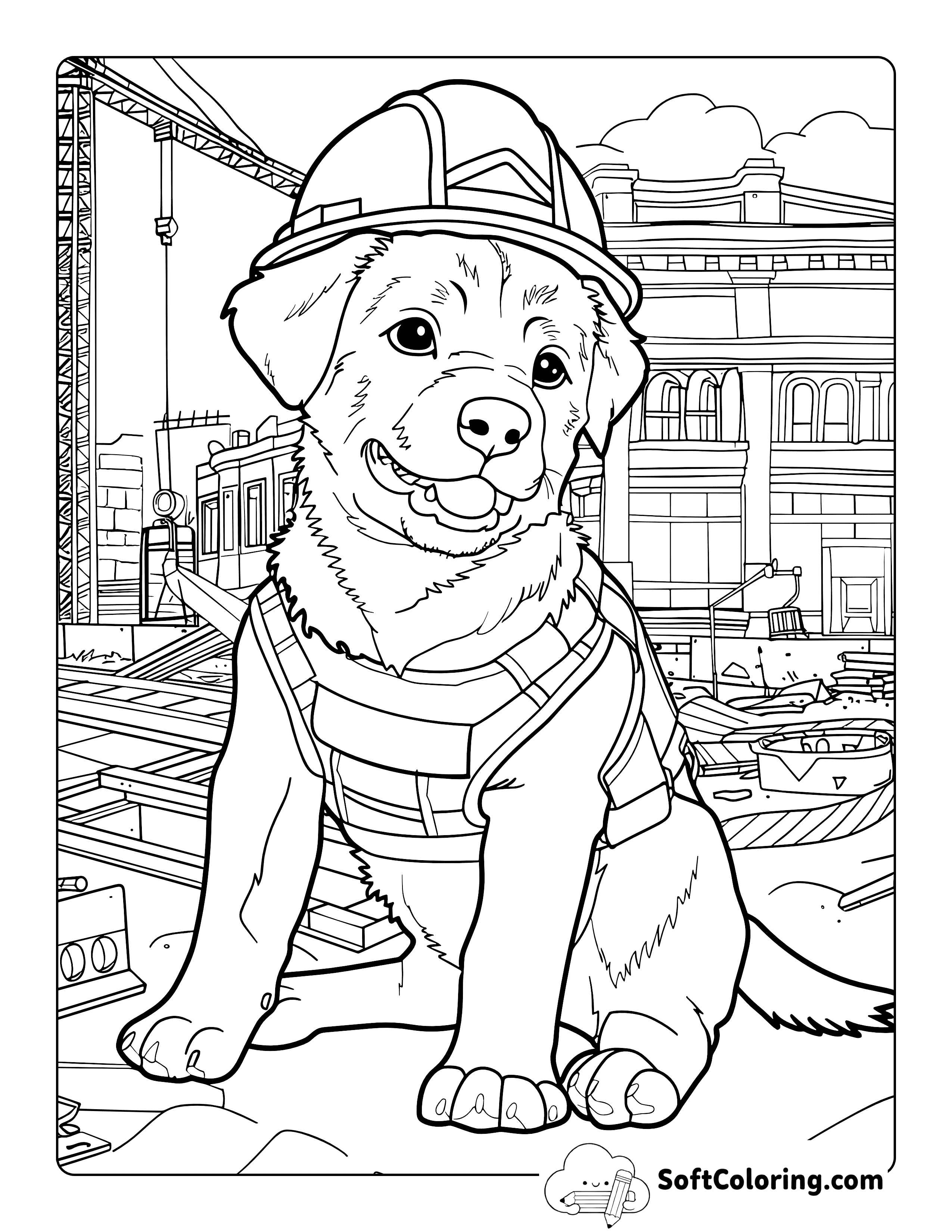 Cute Construction Puppy Detailed Coloring Page