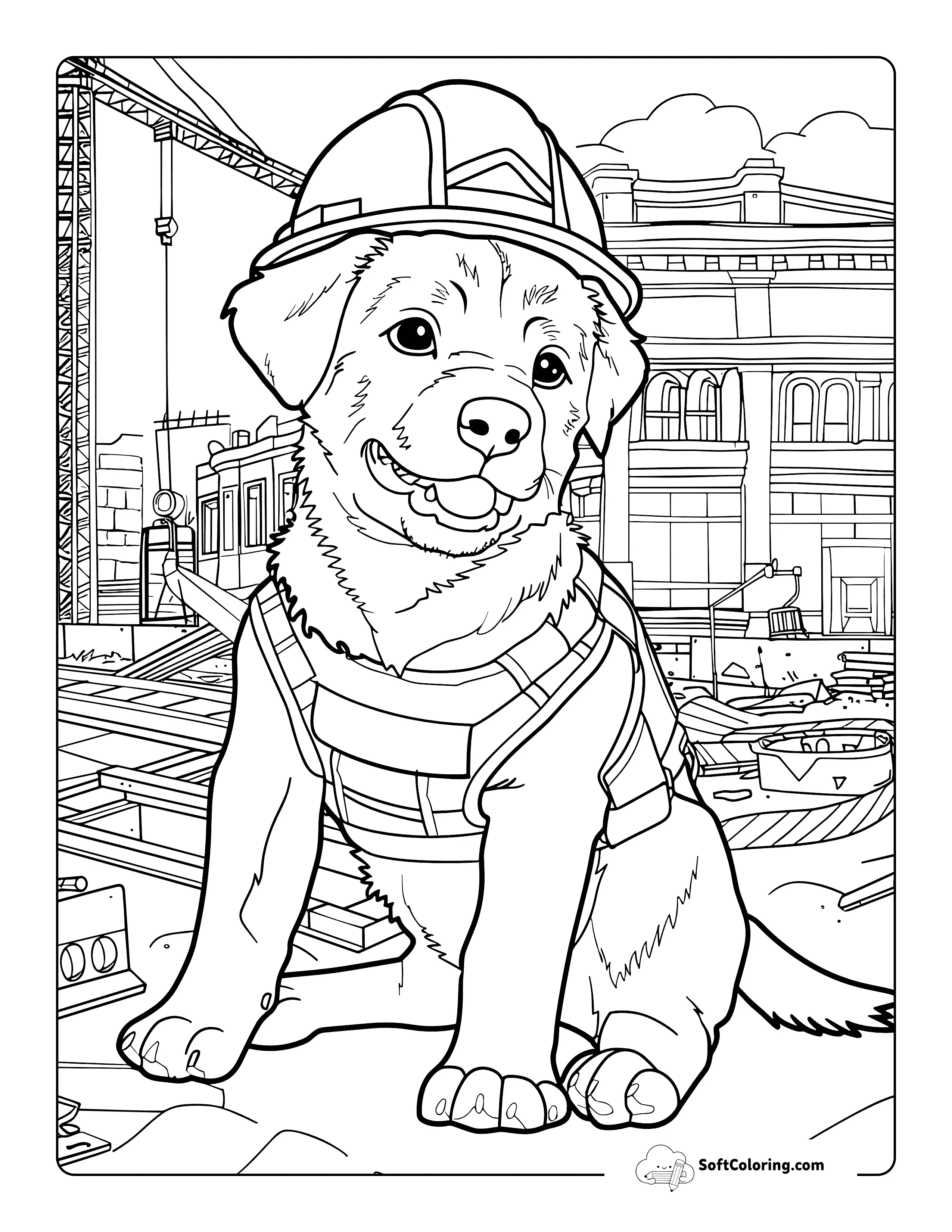 Cute Construction Puppy Detailed Coloring Page