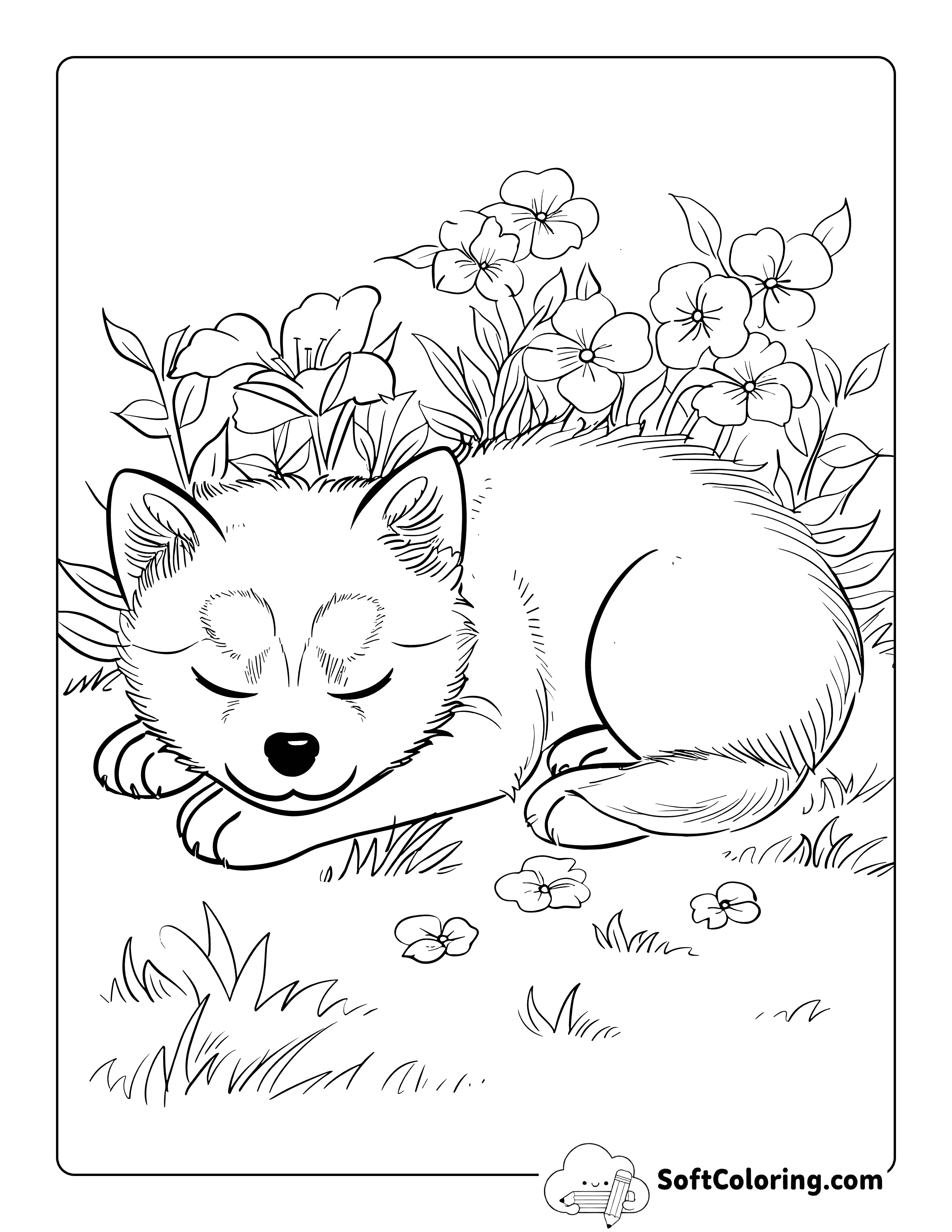 Sweet Shiba Sleeping in Flowers Coloring Scene