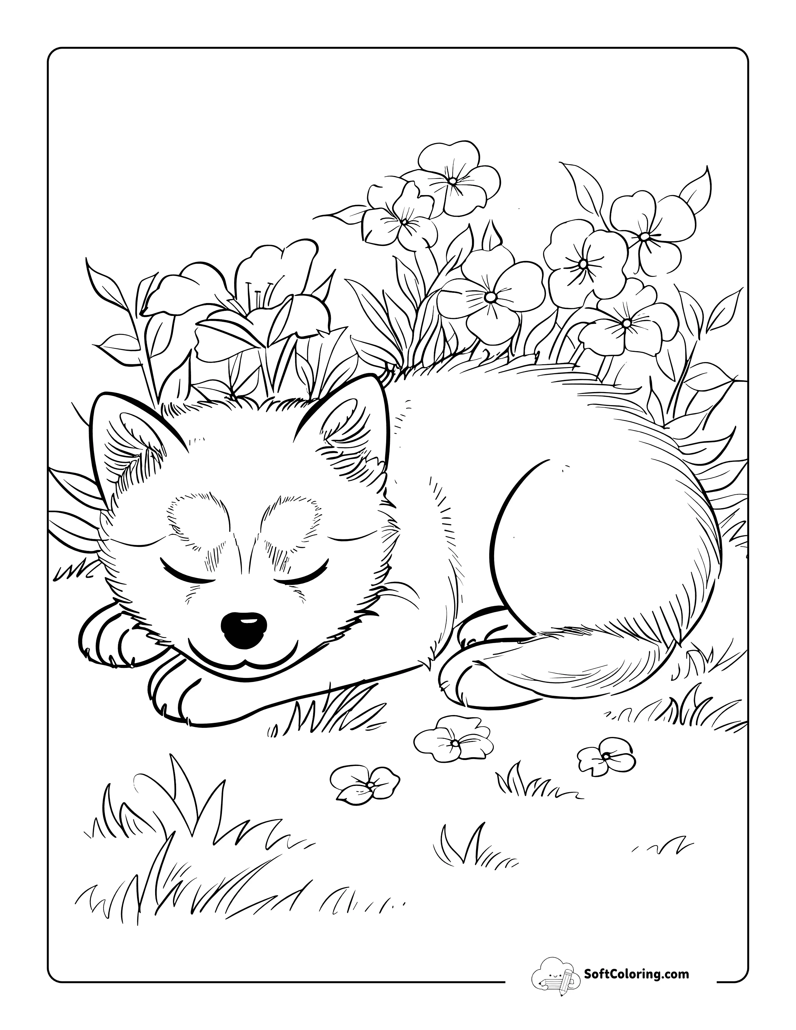 Sweet Puppy Sleeping In Flower Garden Coloring Page