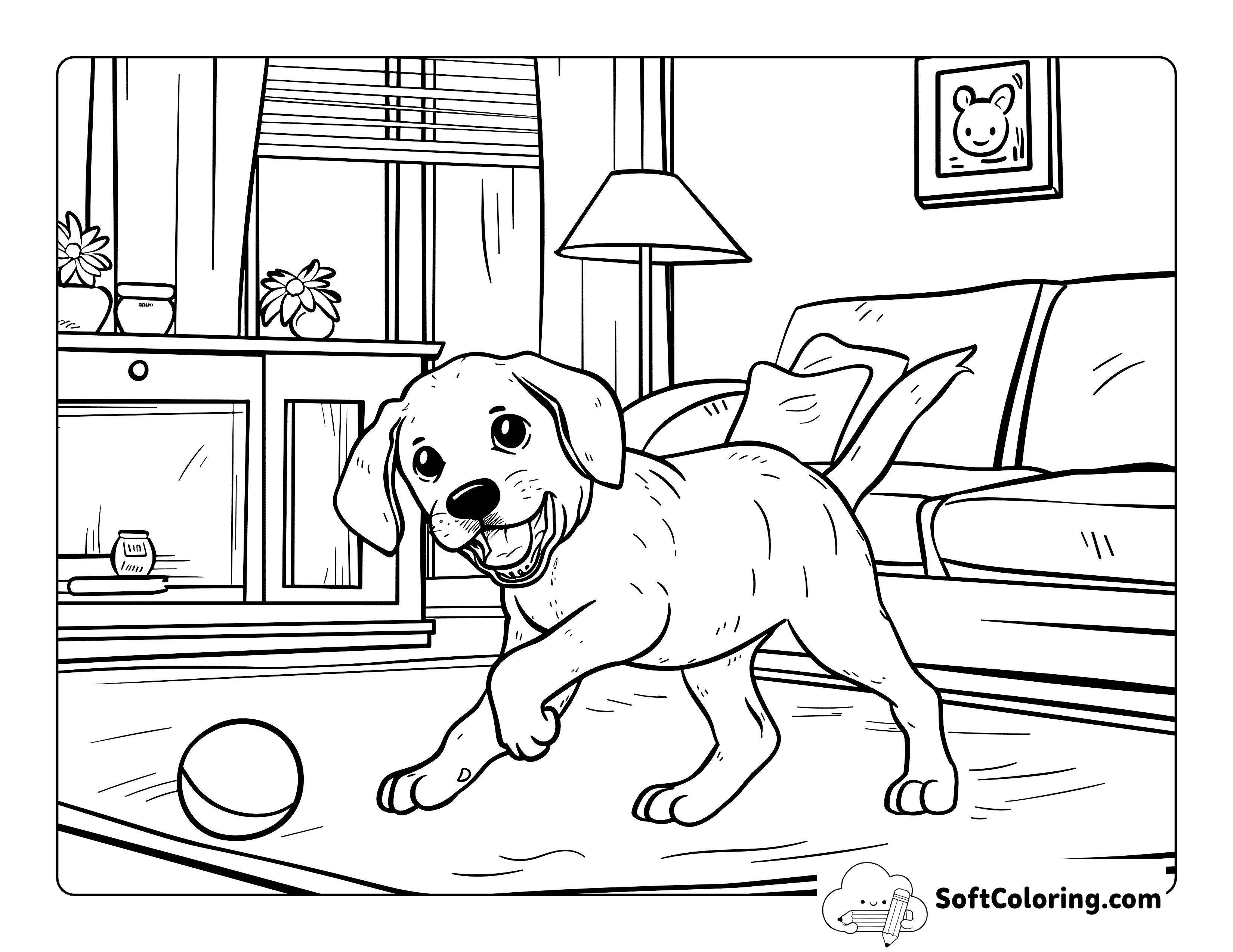 Puppy Playing with a Ball Easy Coloring Scene