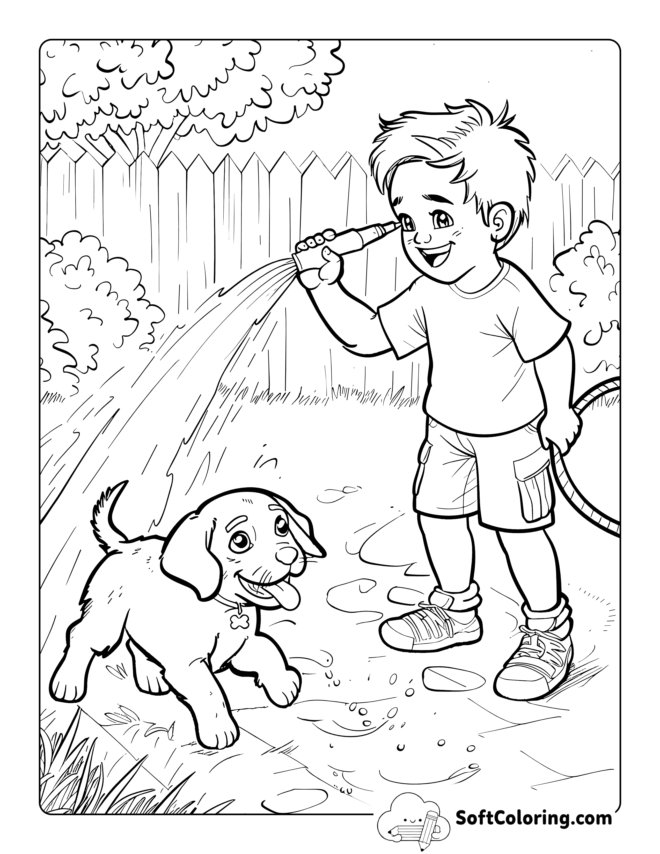 Spraying Puppy with Hose in Yard Easy Coloring Page
