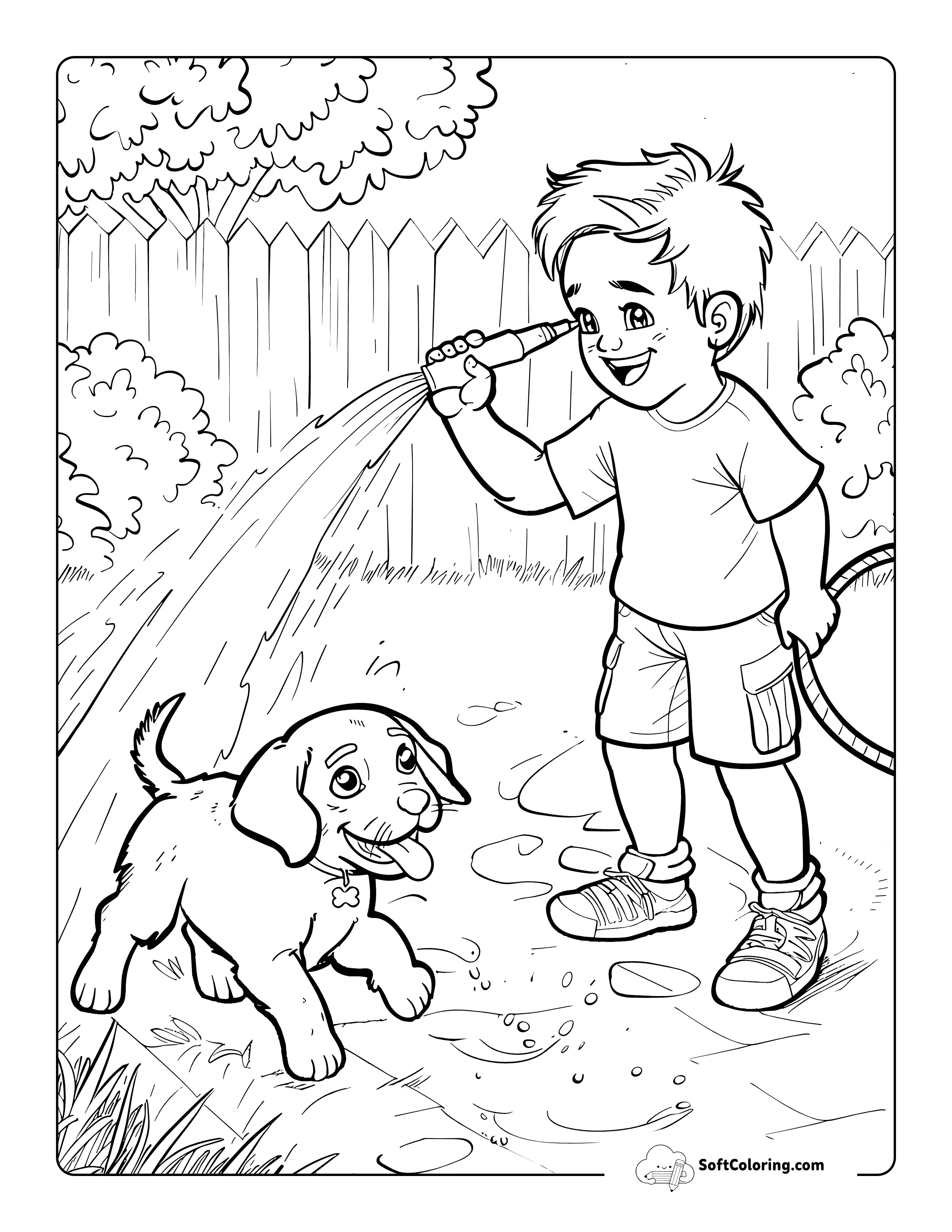 Spraying Puppy With Hose In Yard Easy Coloring Page