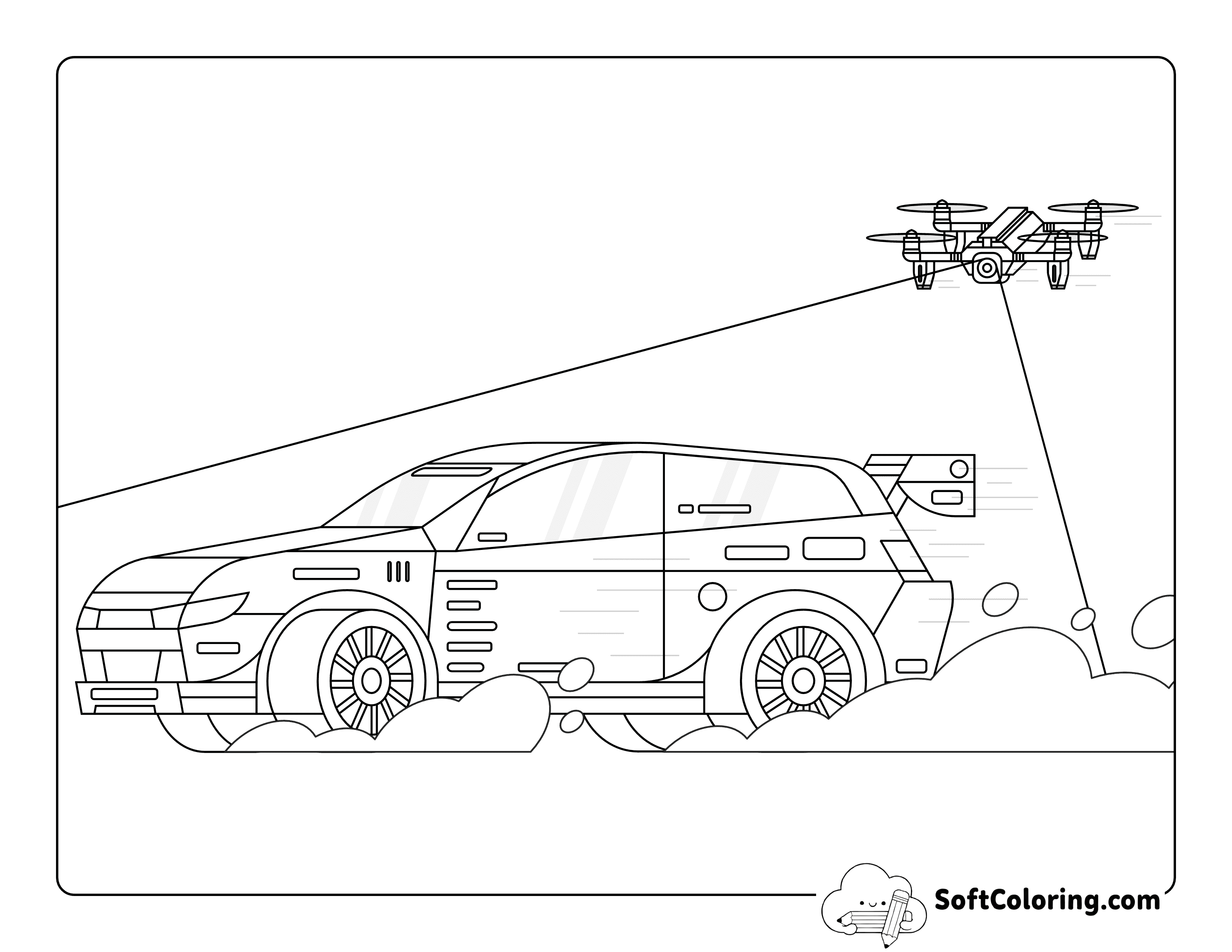 Simple Rally Race Car and Drone Outline to Color