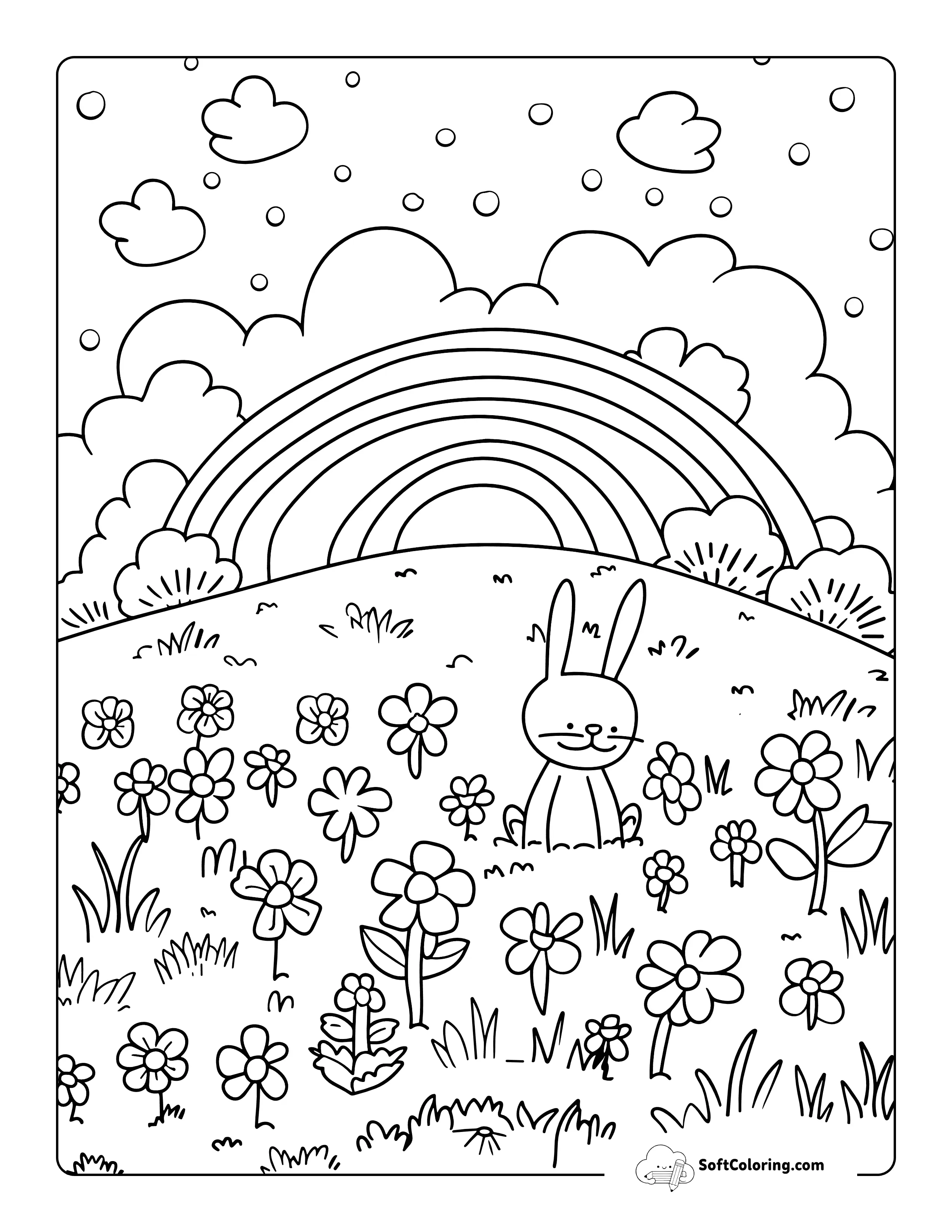 Bunny In Spring Flowers Rainbow Coloring Page