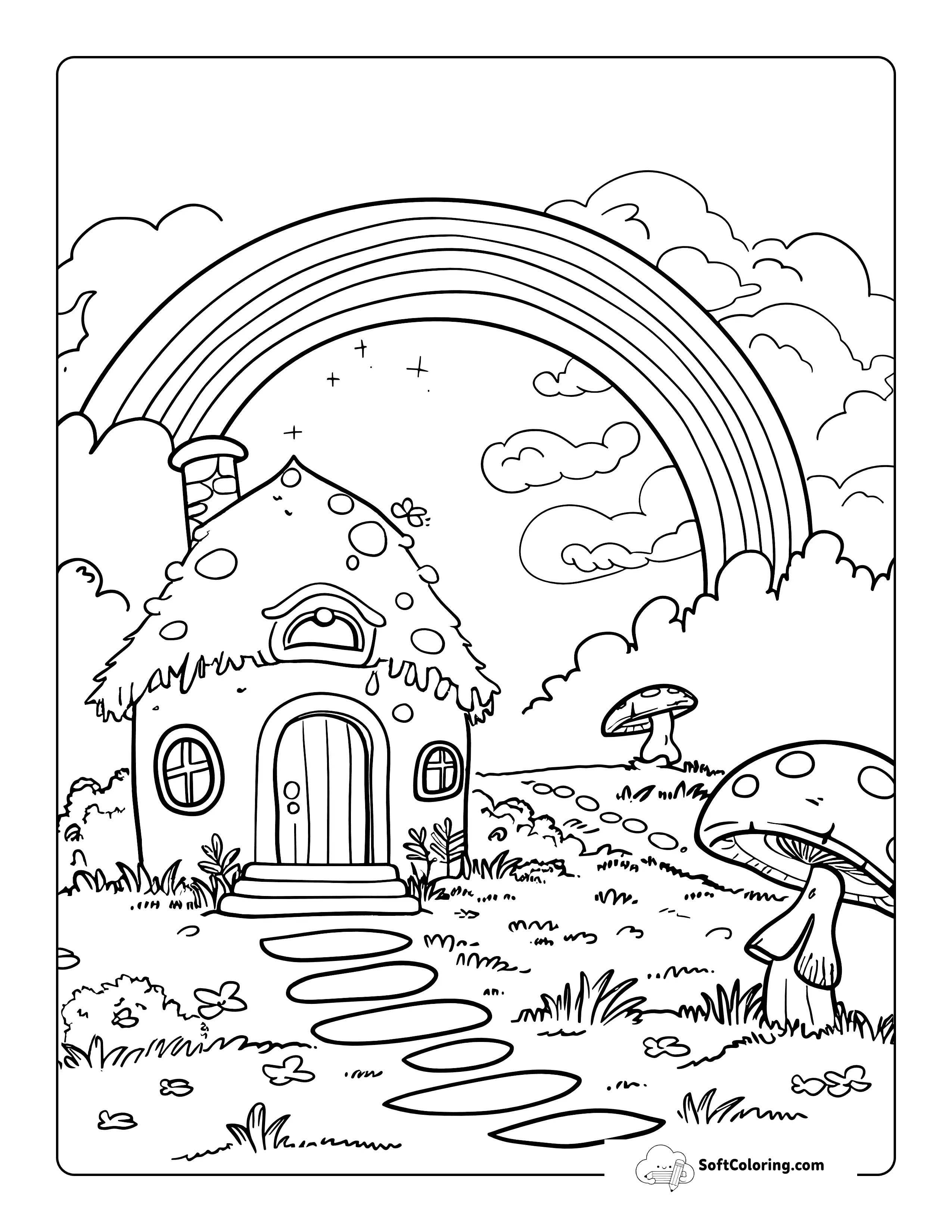 Fairytale Cottage Aesthetic Mushrooms Coloring Sheet