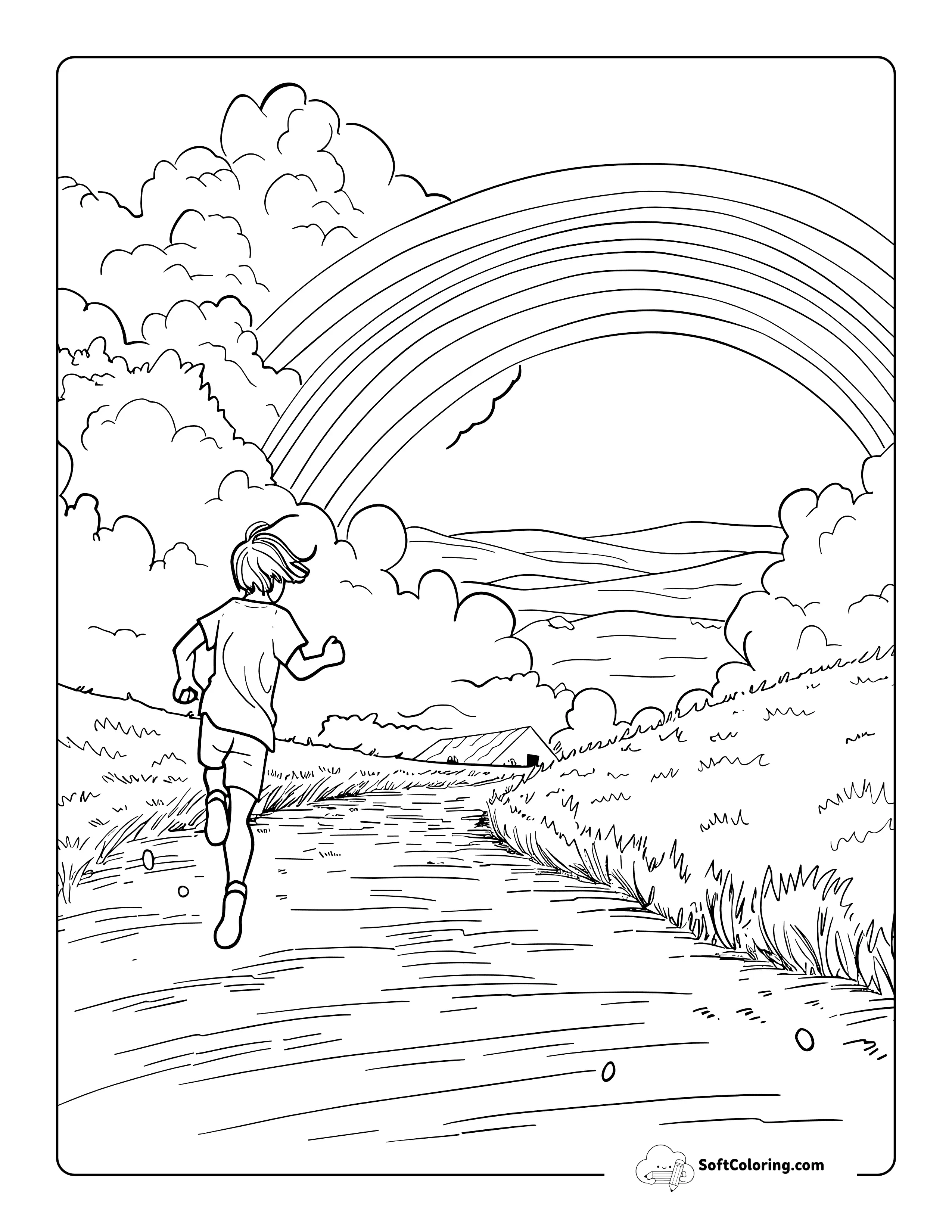 Kid Running Toward Rainbow Coloring Sheet