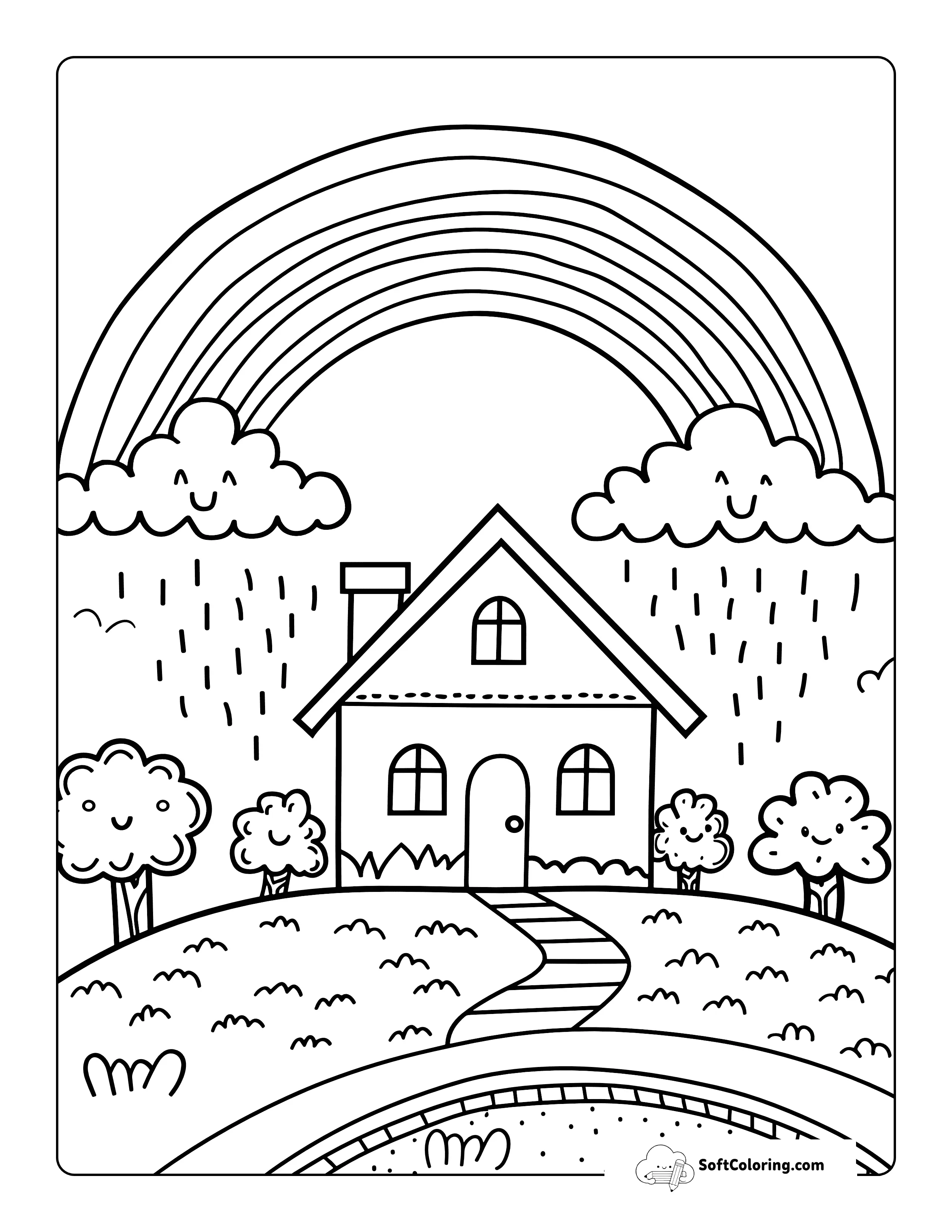 Happy Rainbow And House Coloring Page For Kids