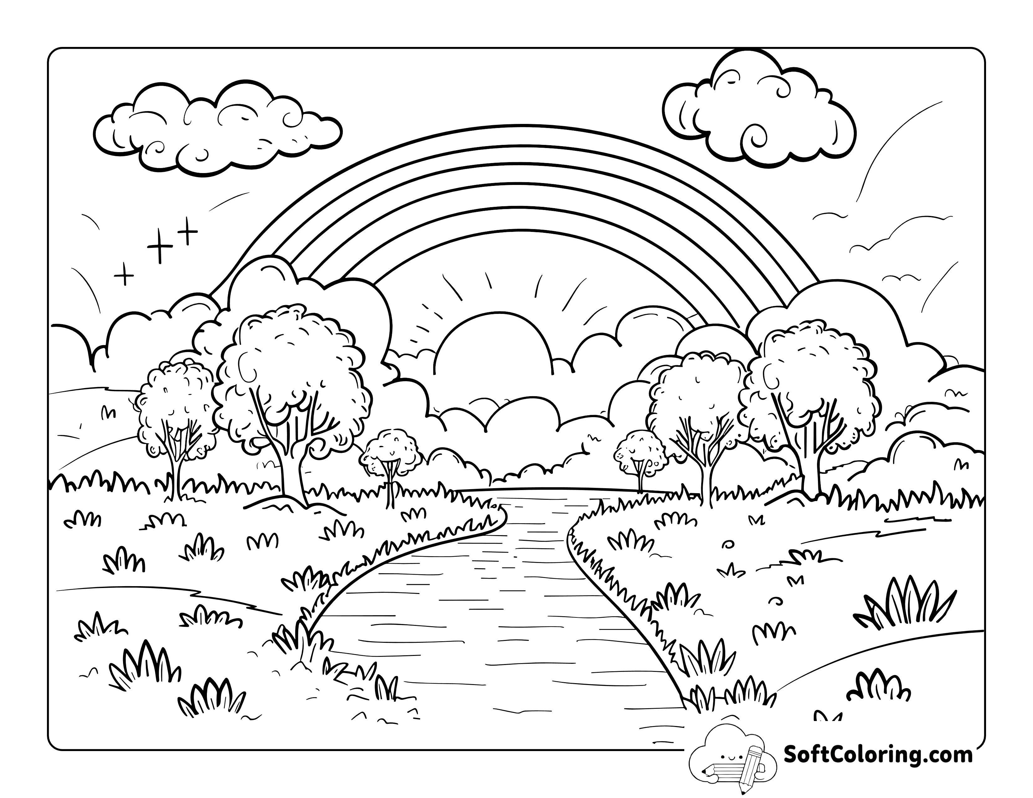 Rainbow Over Sunset Coloring Page
