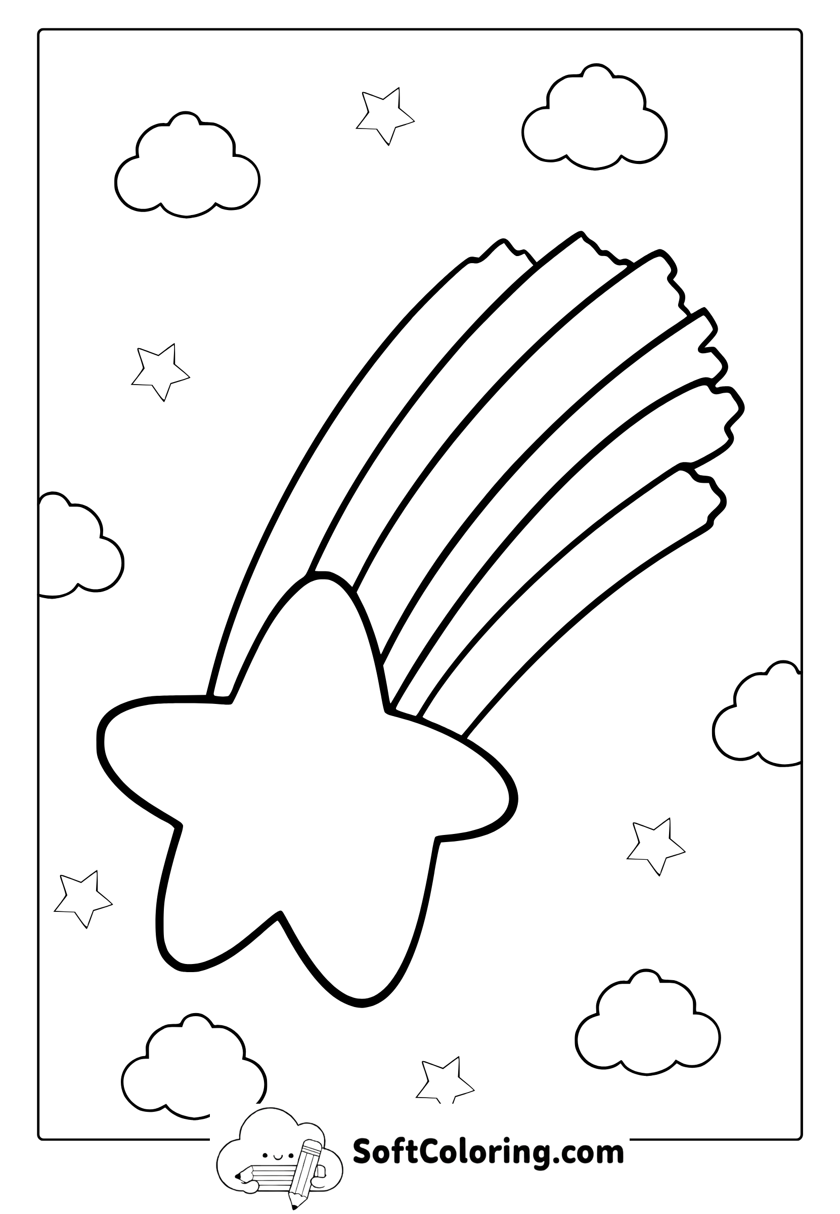 rainbow shooting star in cloudy sky coloring page