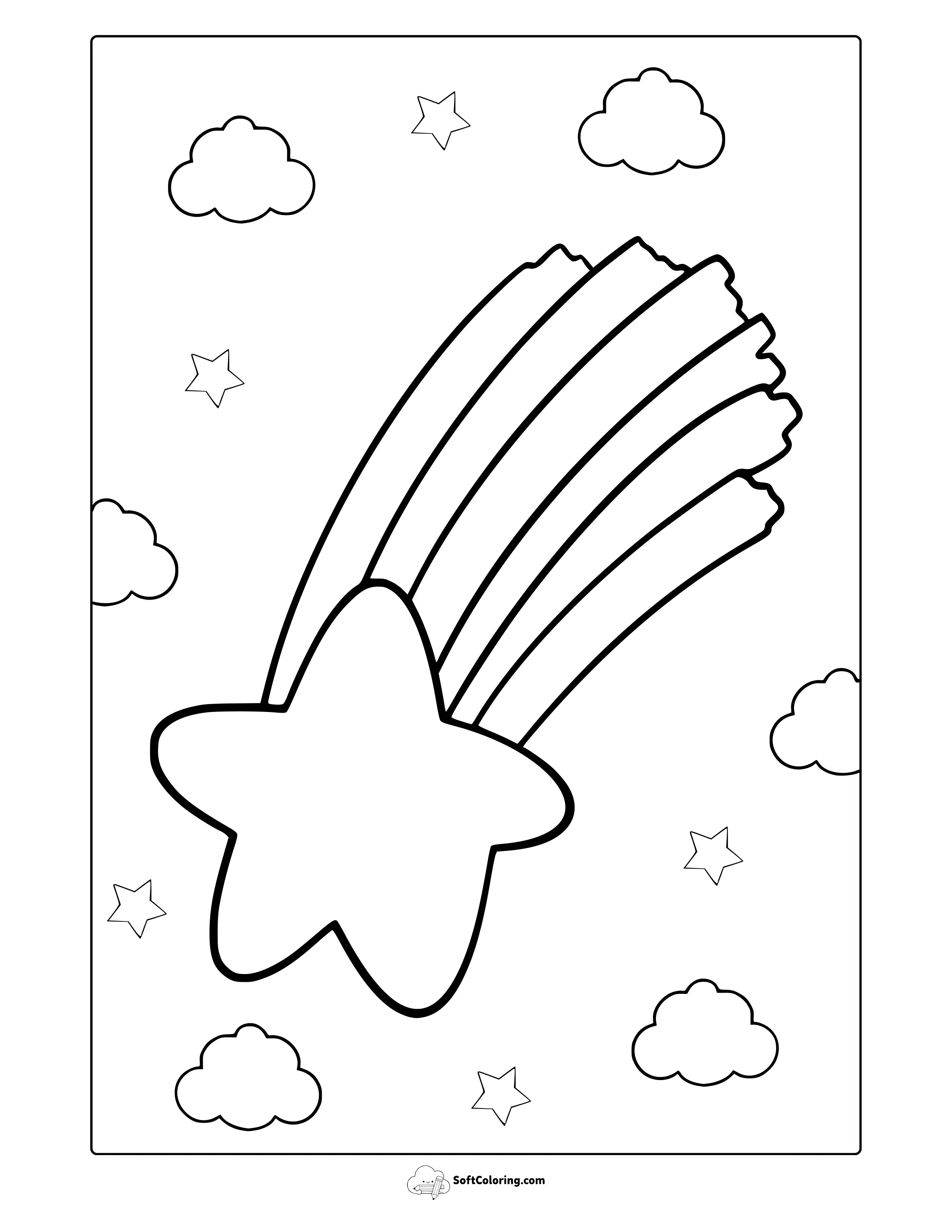 Rainbow Shooting Star In Cloudy Sky Coloring Page