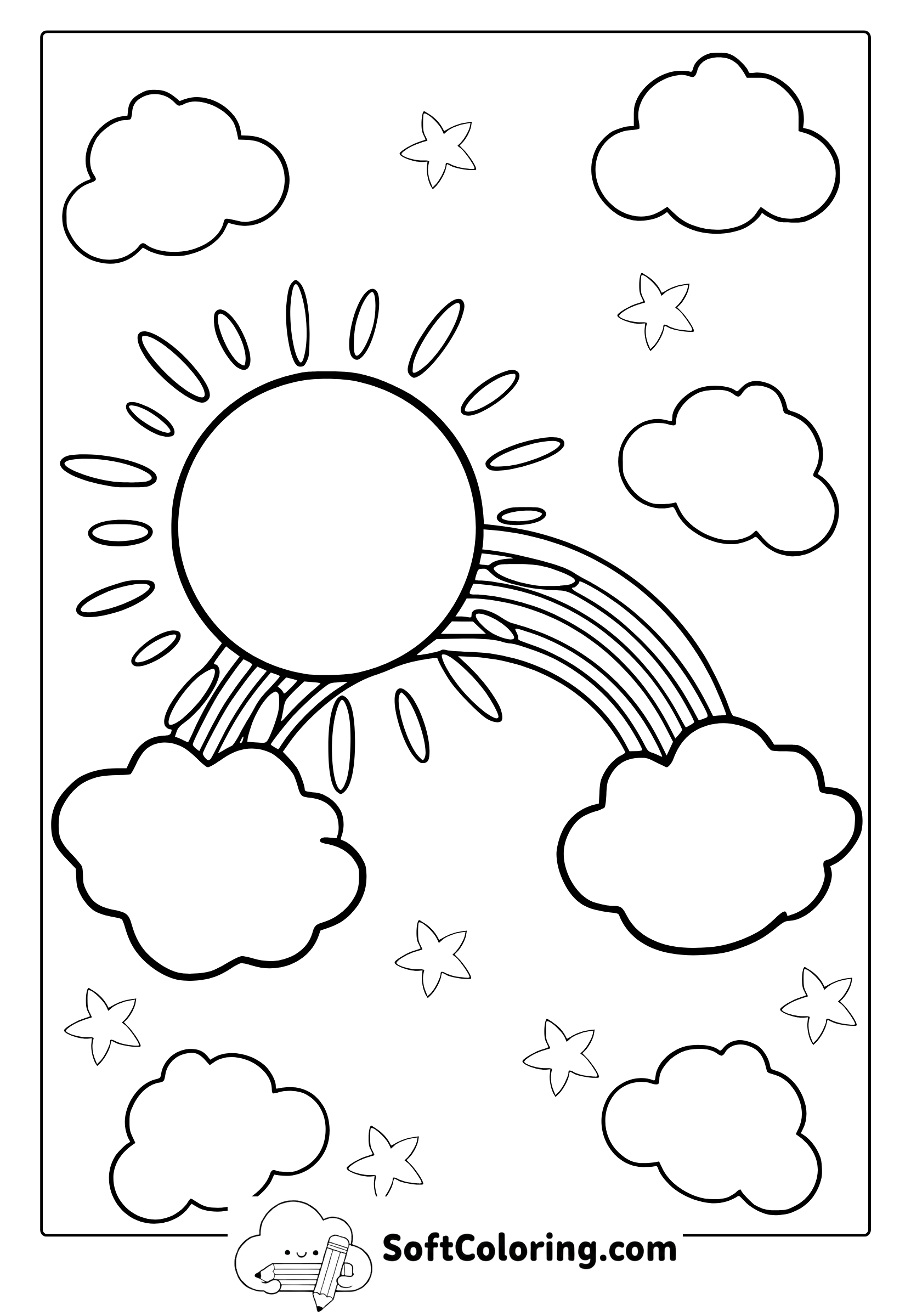 rainbow with sun in cloudy sky coloring page