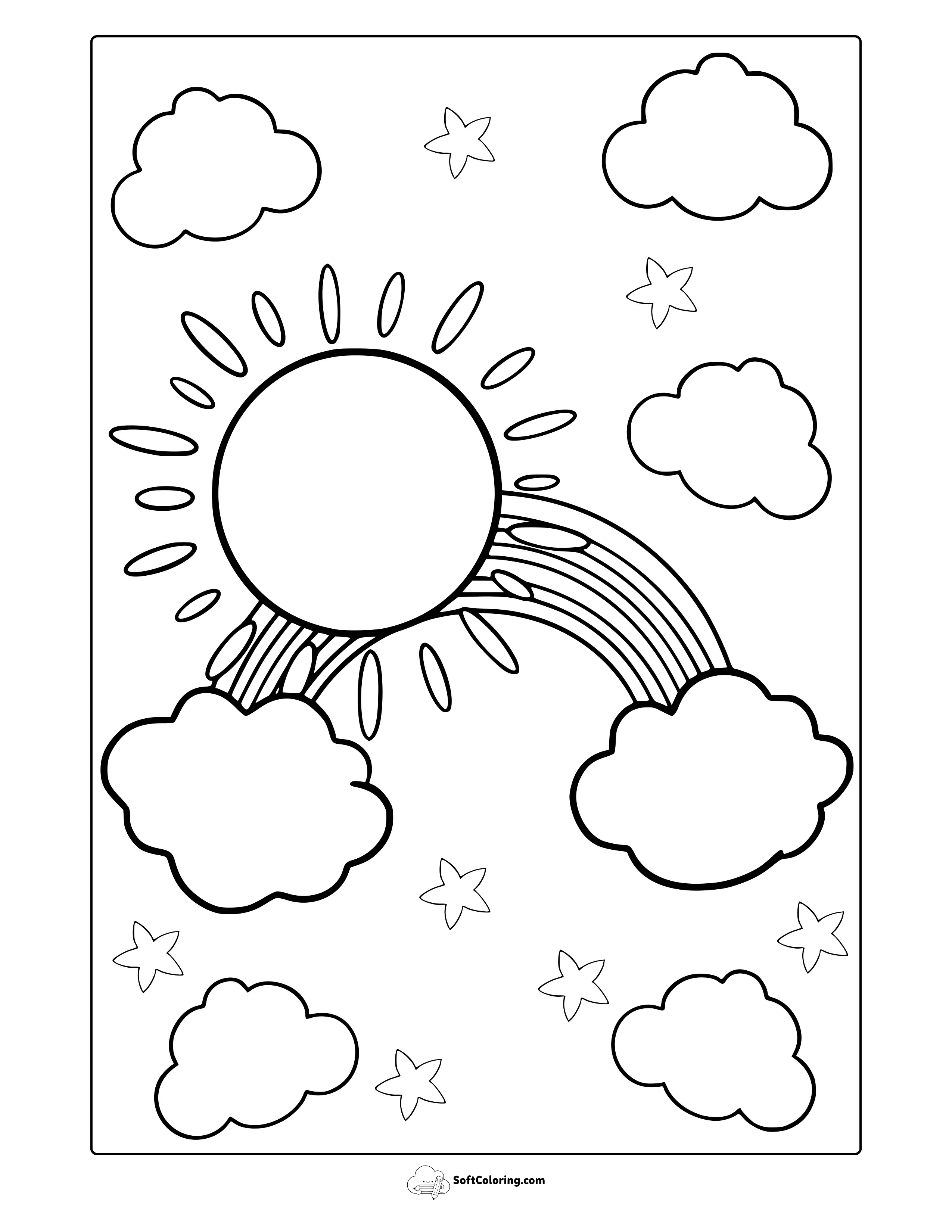 Rainbow With Sun In Cloudy Sky Coloring Page