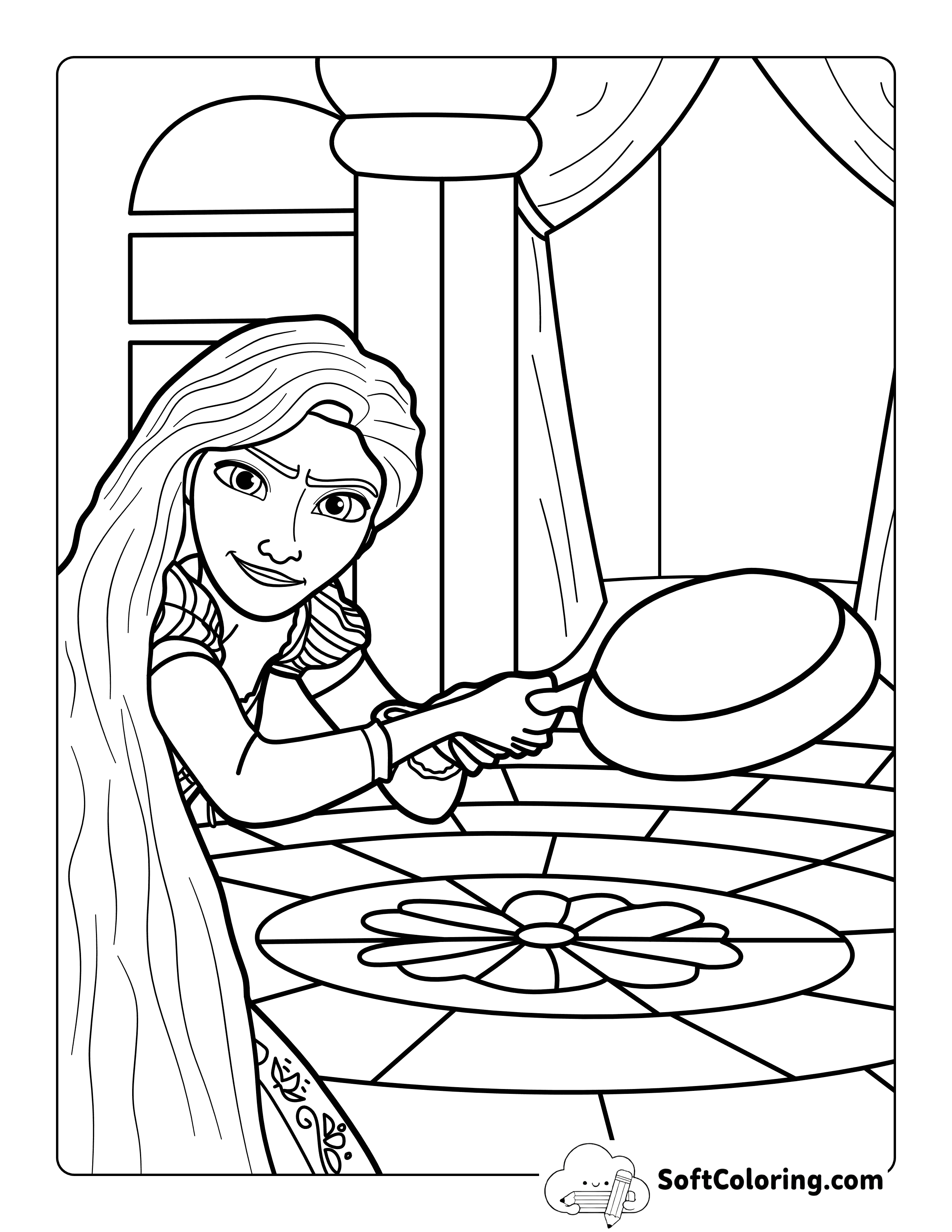 Cute Princess with Frying Pan Rapunzel-Inspired Coloring Page