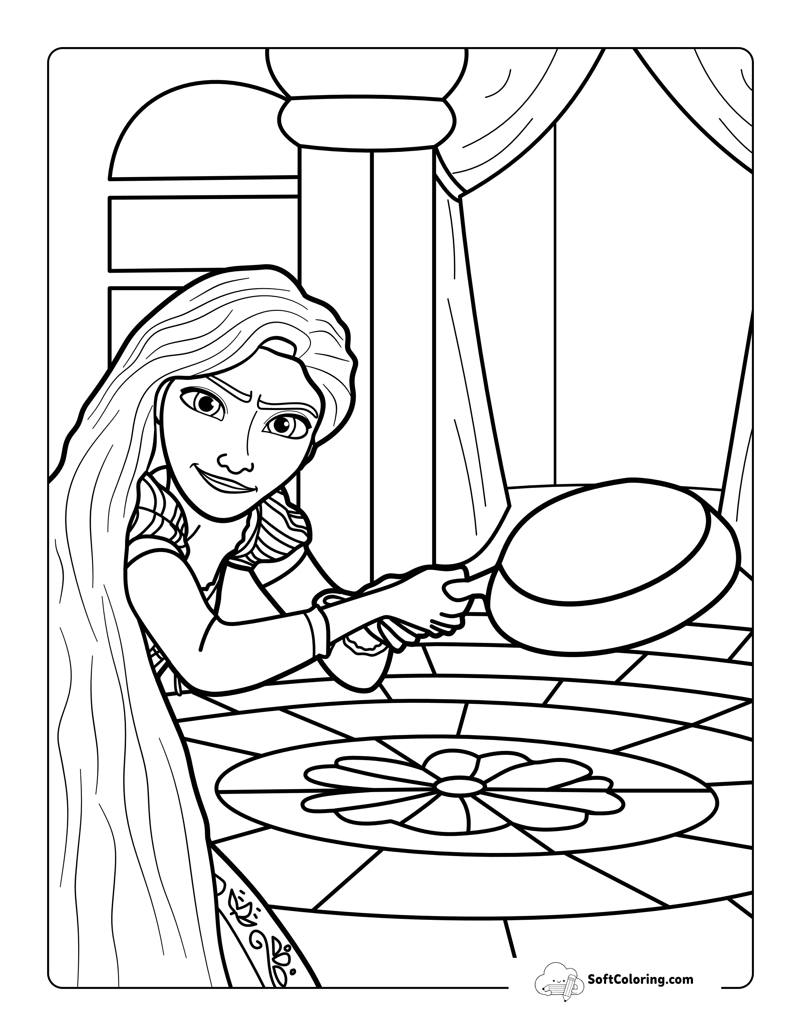 Cute Princess With Frying Pan Rapunzel-Inspired Coloring Page
