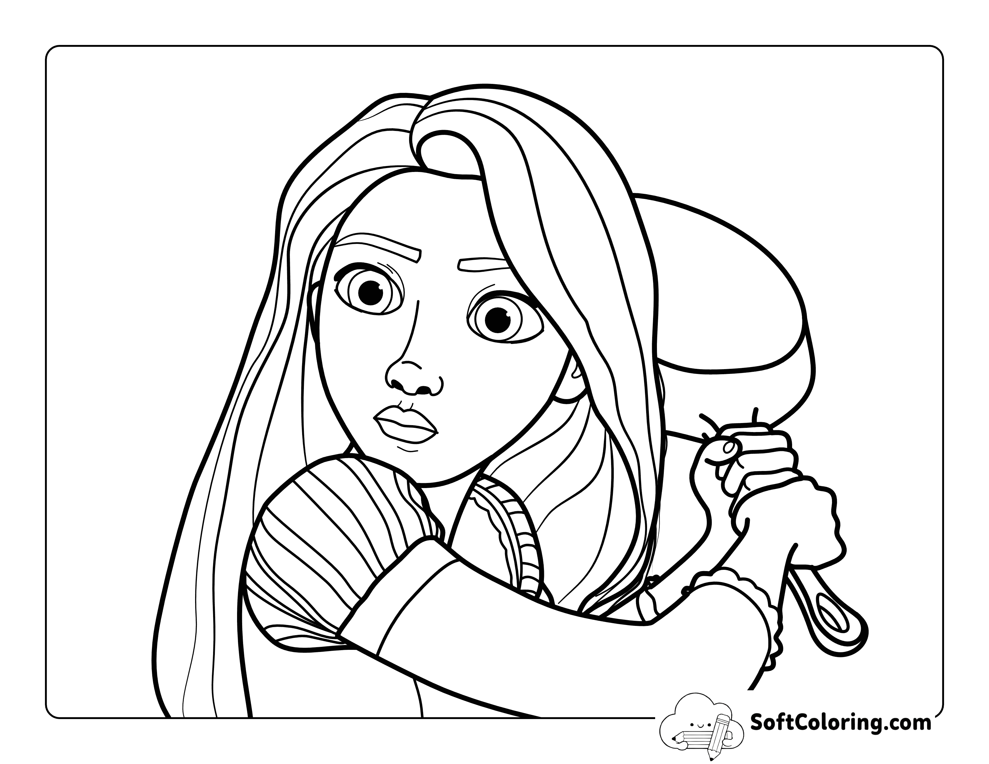 Easy Tangled-Inspired Coloring Page of Rapunzel with Frying Pan