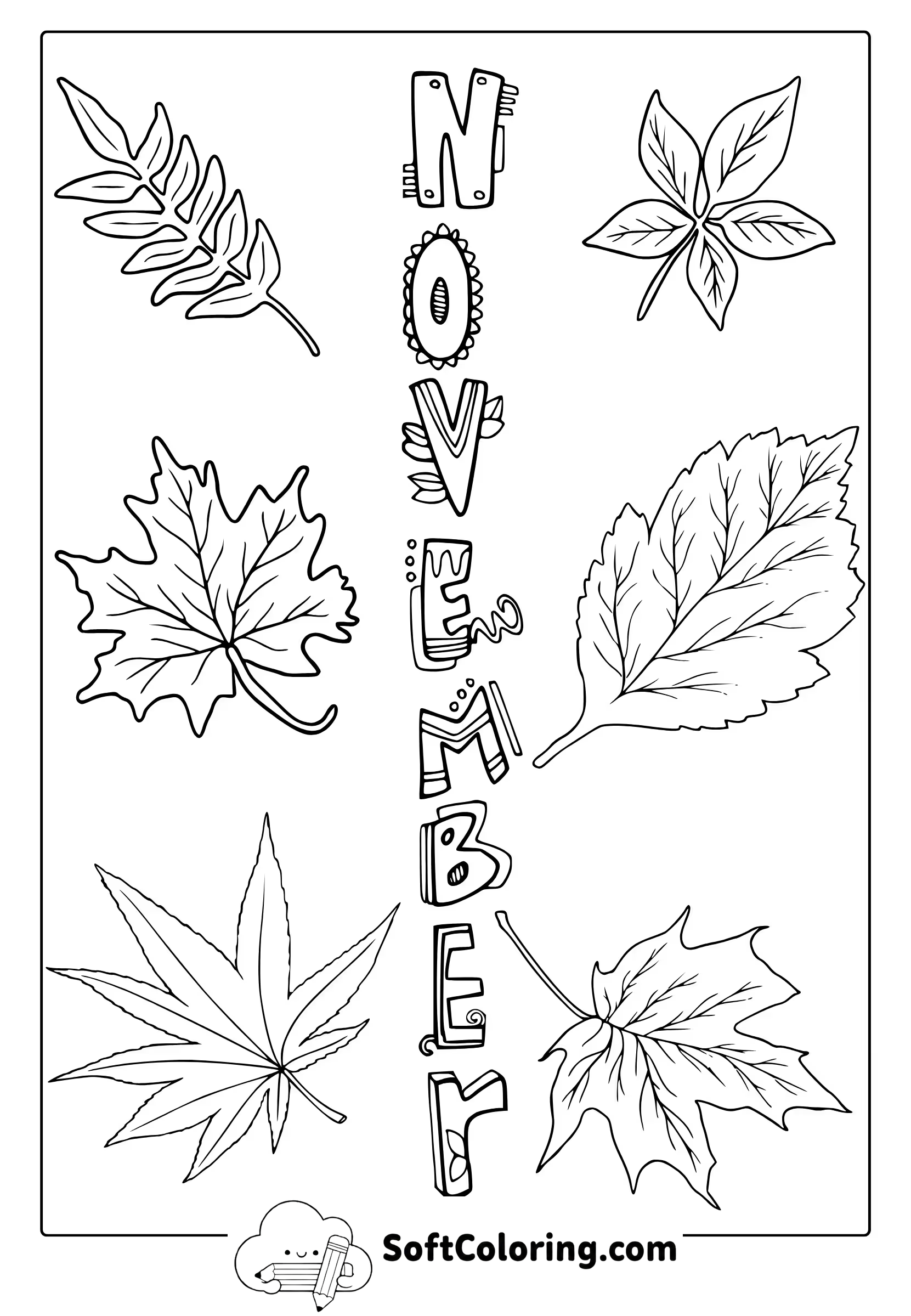 realistic november leaves coloring page