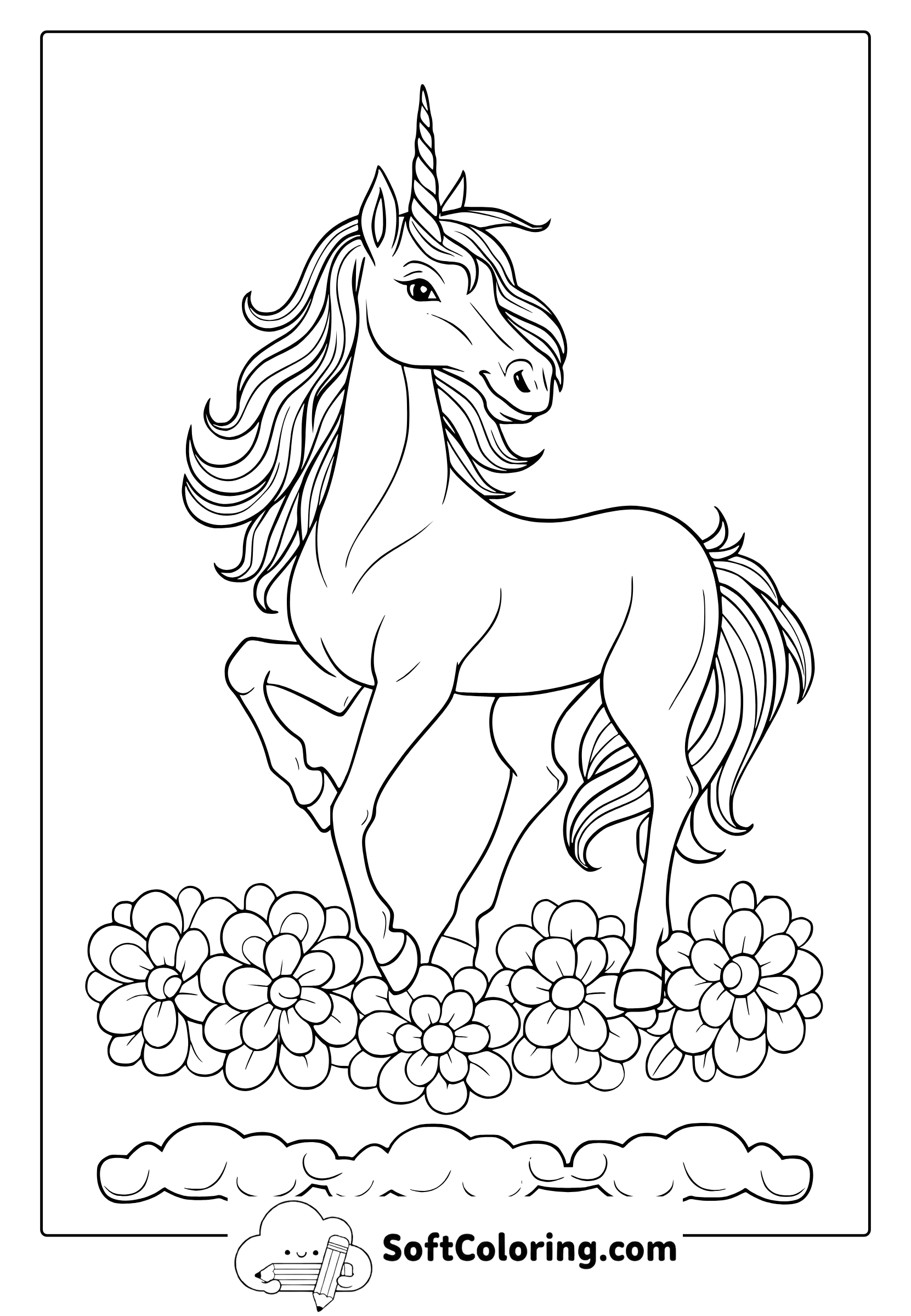 realistic unicorn with flowers coloring page