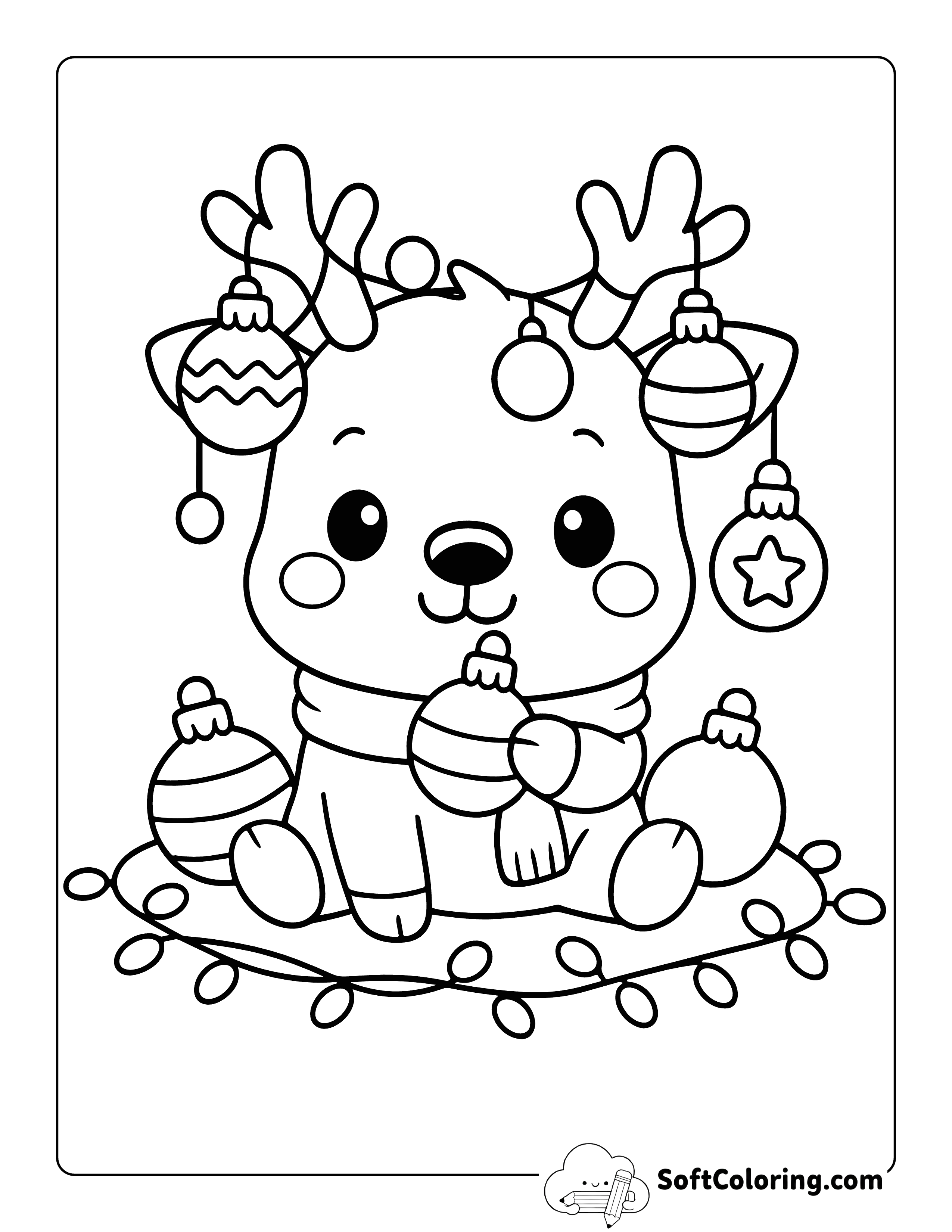 NEW! Kawaii Reindeer with Christmas Ornaments Coloring Page