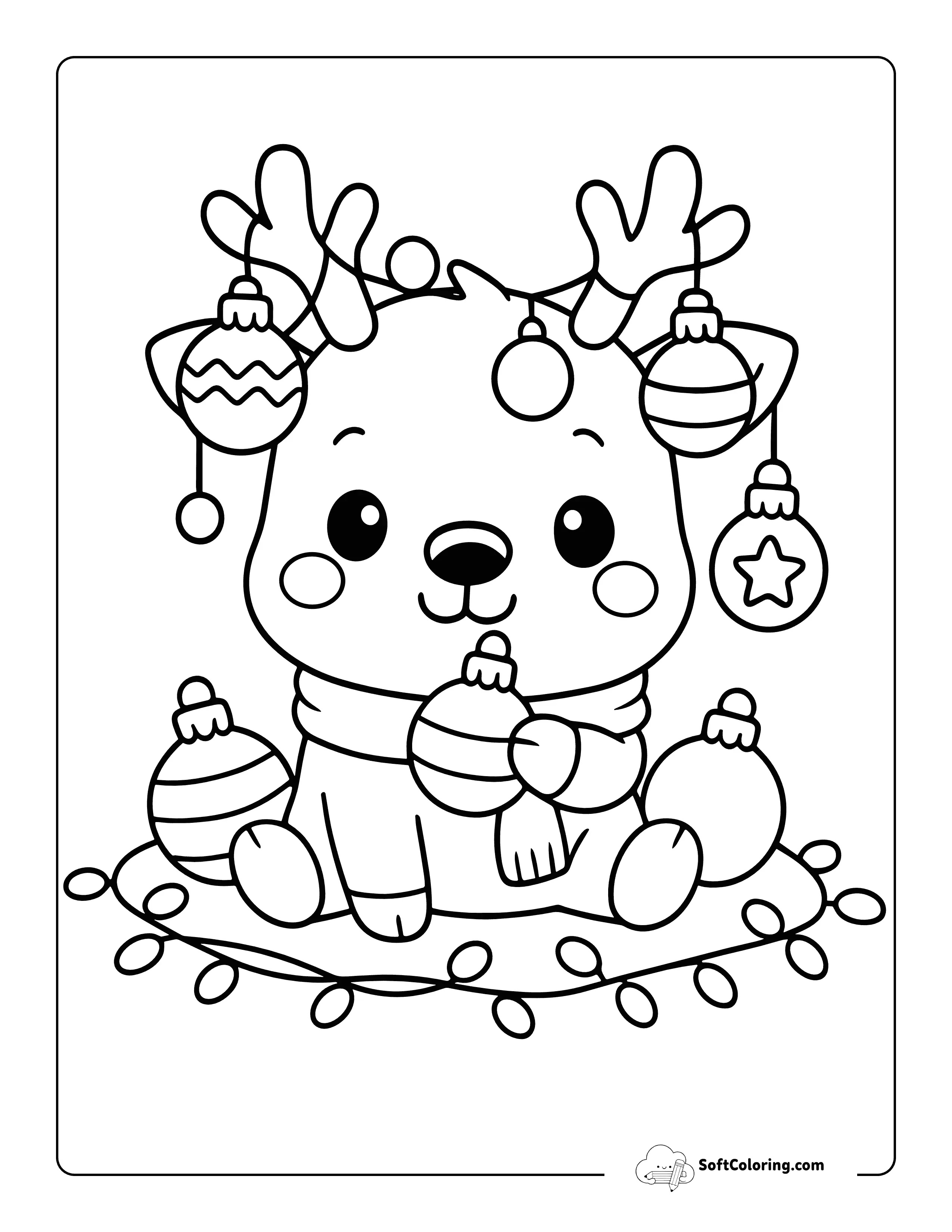 New! Kawaii Reindeer With Christmas Ornaments Coloring Page