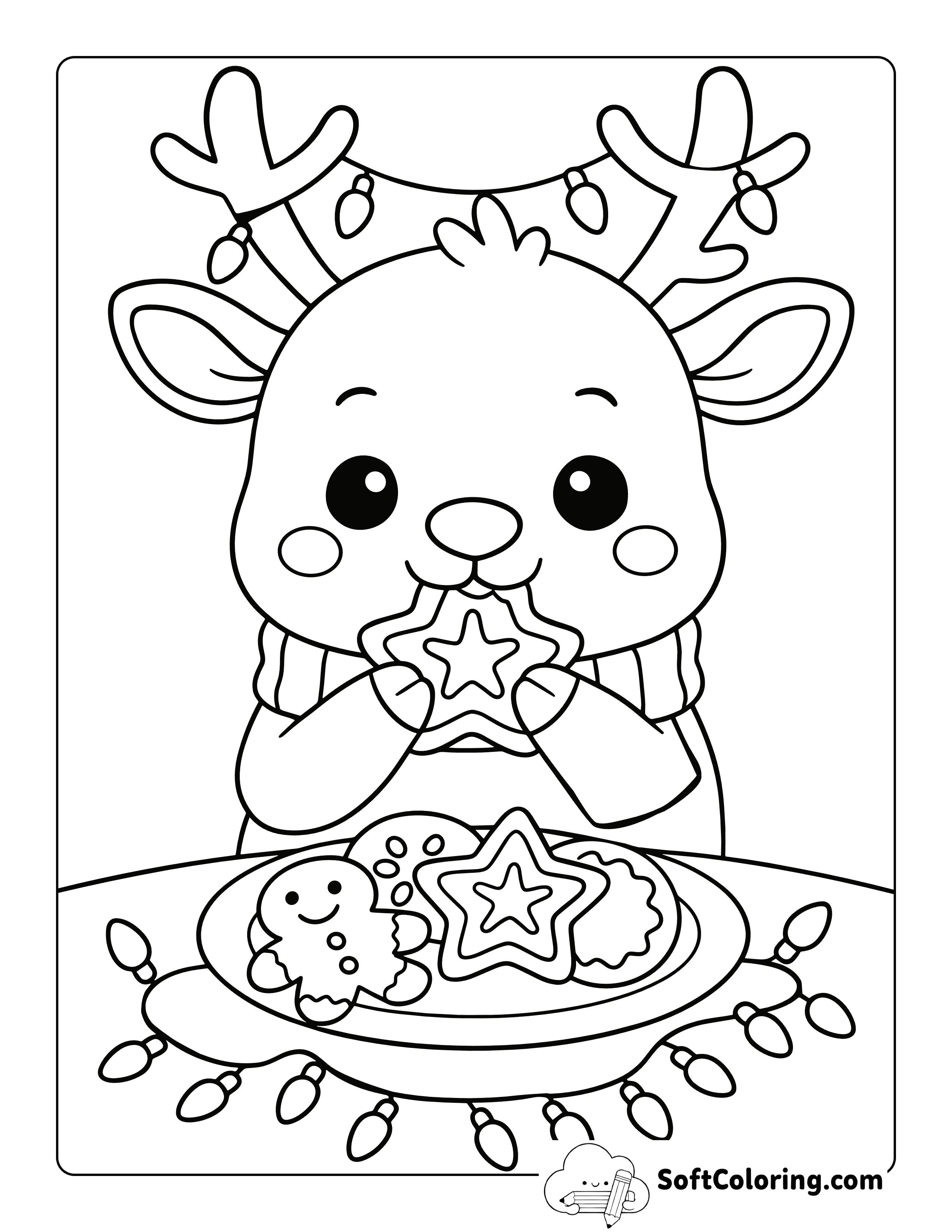 NEW! Cute Reindeer Eating Christmas Cookies Coloring Page