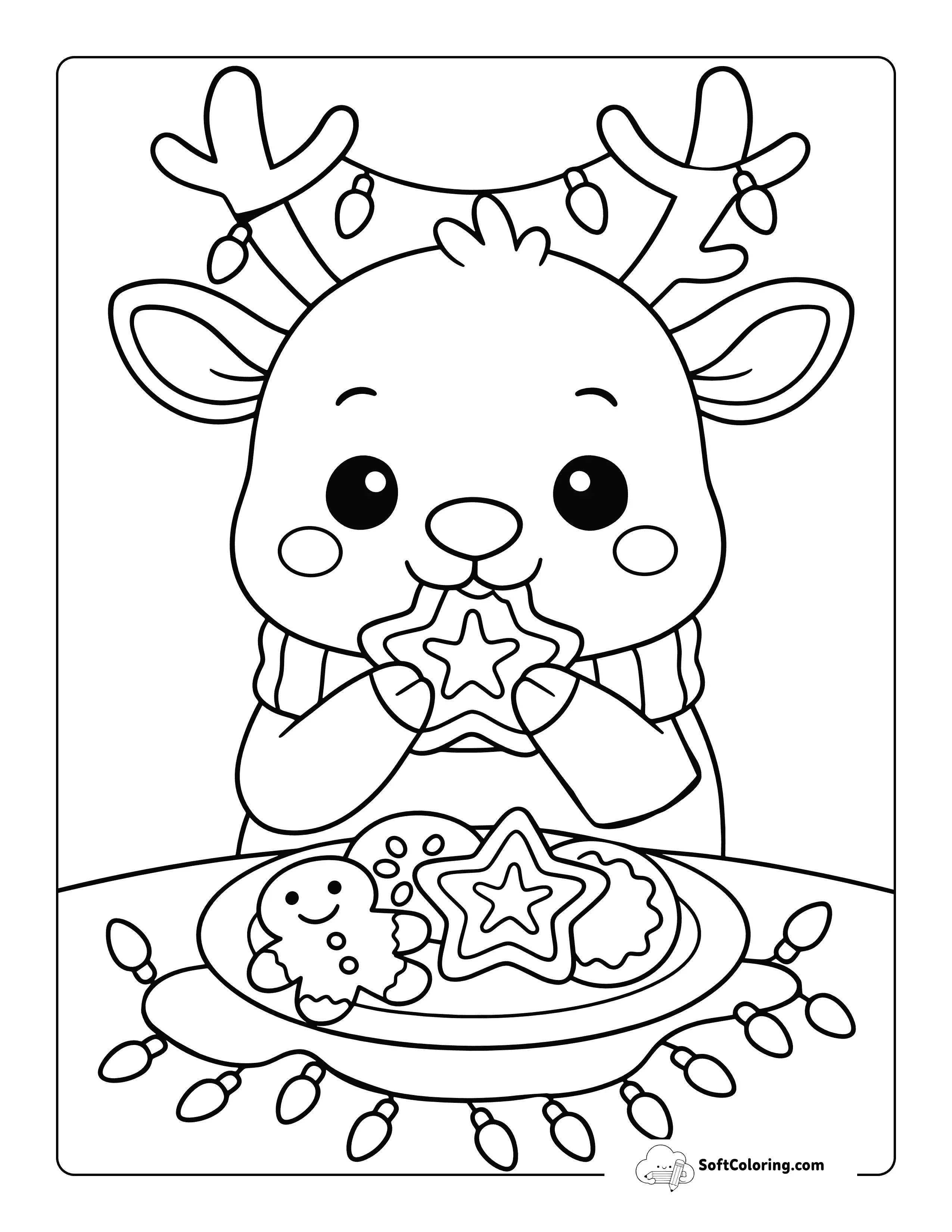 New! Cute Reindeer Eating Christmas Cookies Coloring Page
