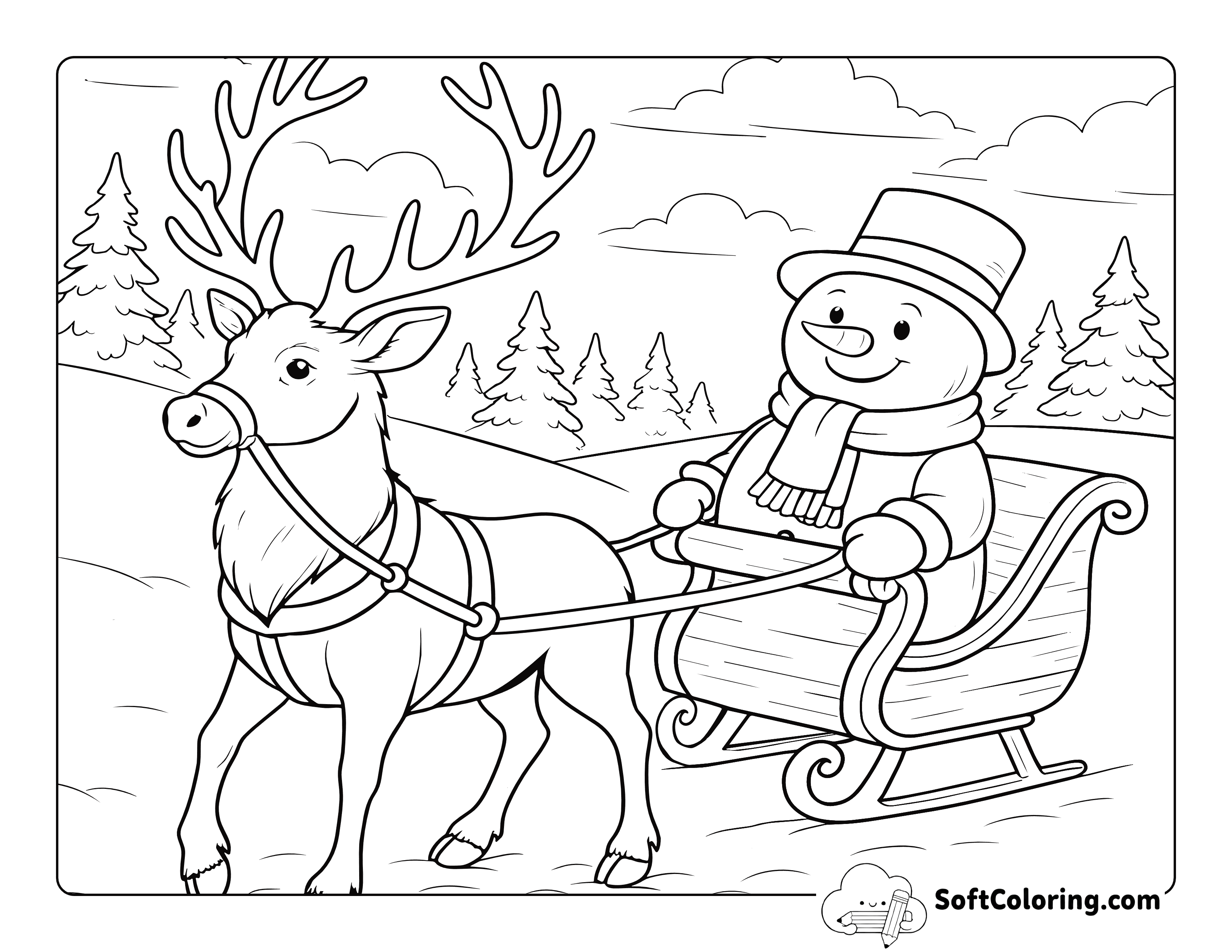 NEW! Realistic Raindeer Pulling Sleigh with Snowman Coloring Sheet