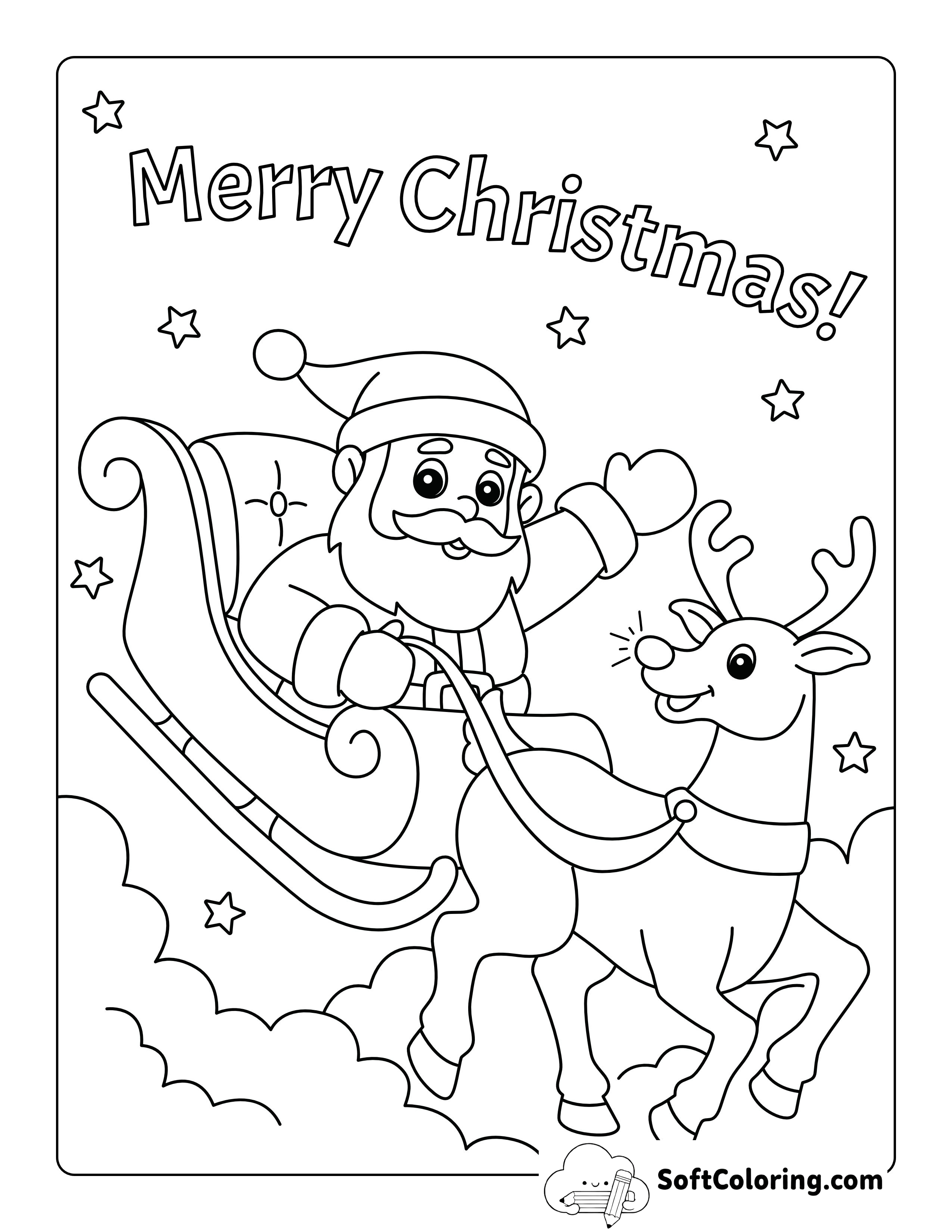 Santa and Reindeer "Merry Christmas" Coloring Page