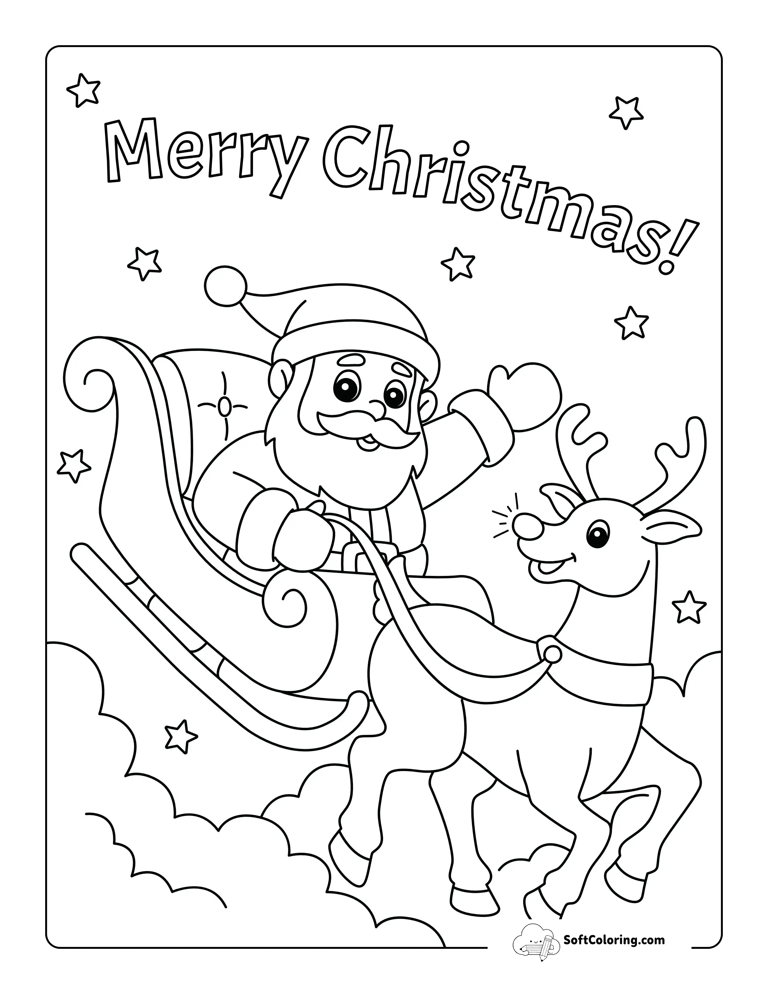 Santa And Reindeer "Merry Christmas" Coloring Page