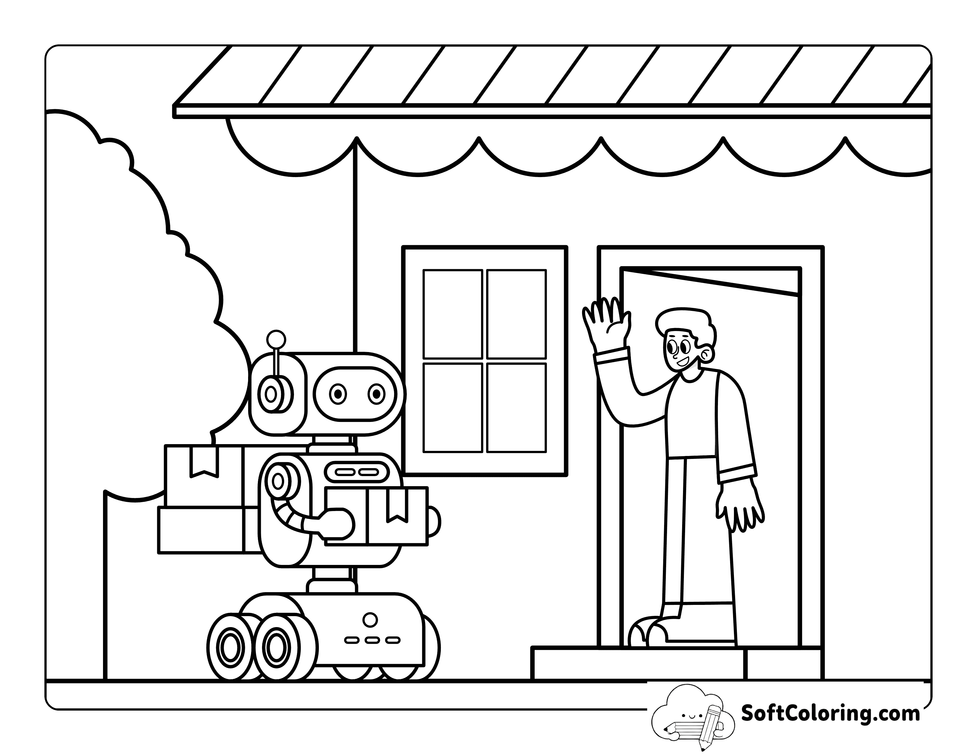Cute Robot Delivering a Package Picture to Color
