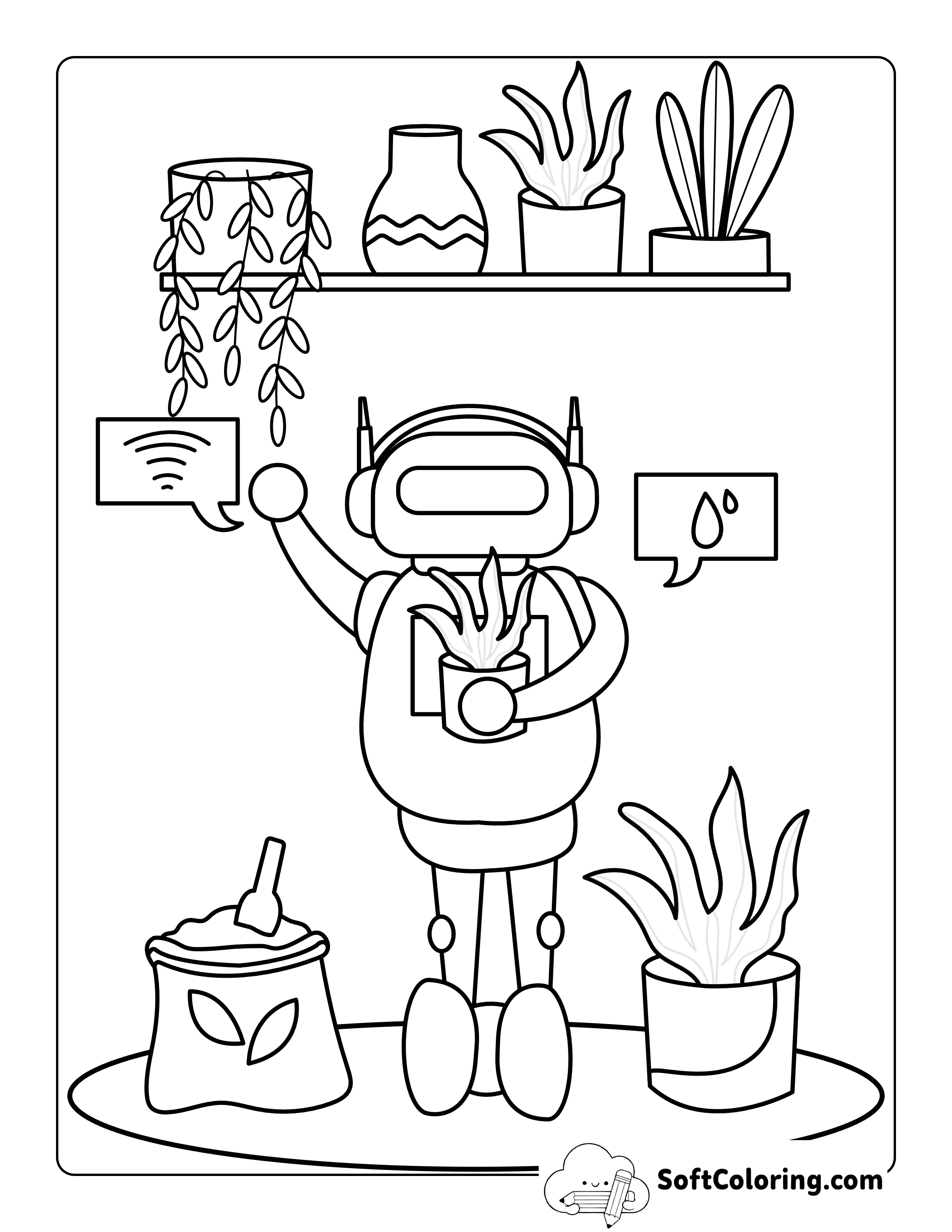 Cute Robot Tending Houseplants Coloring Page