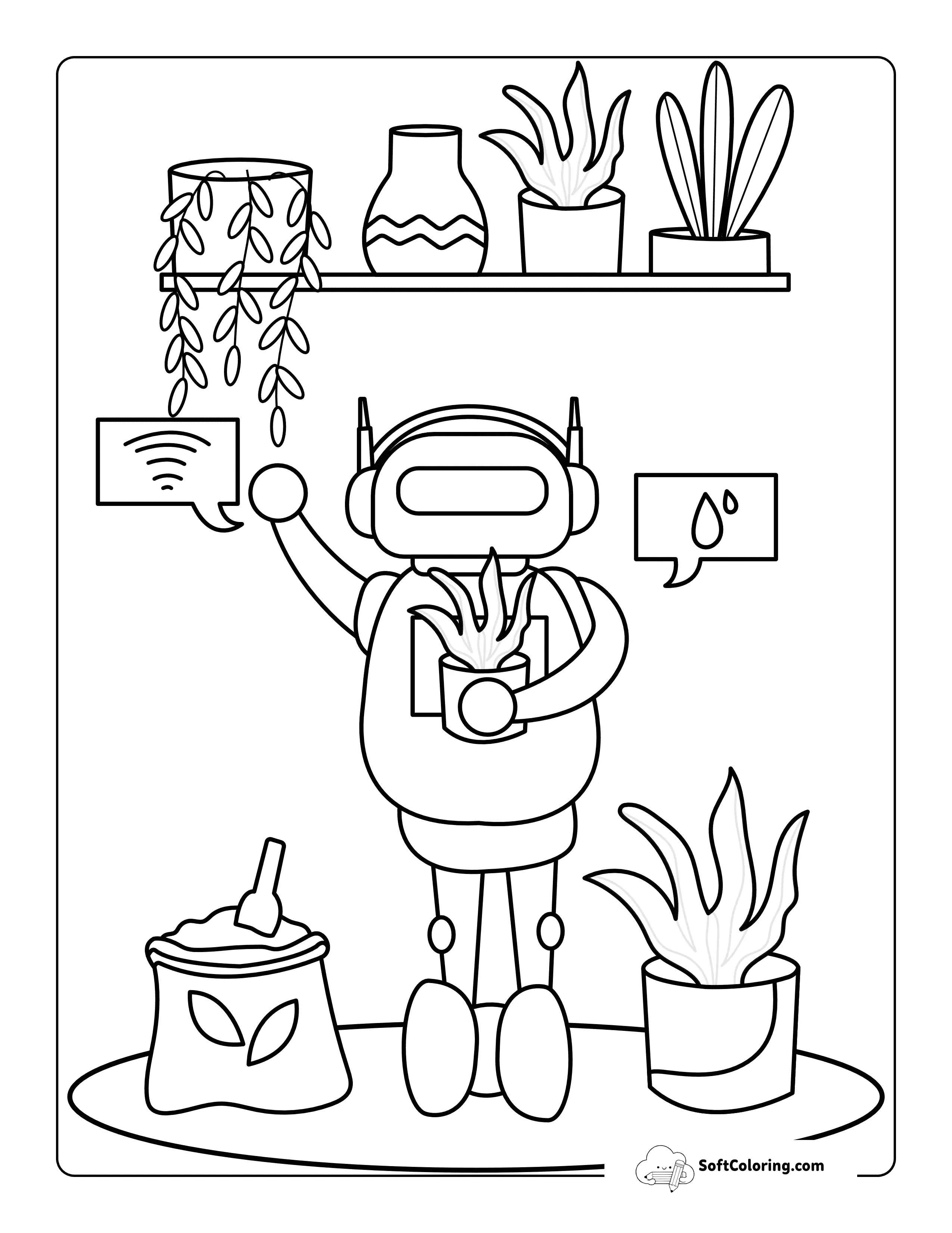Cute Robot Tending Houseplants Coloring Page