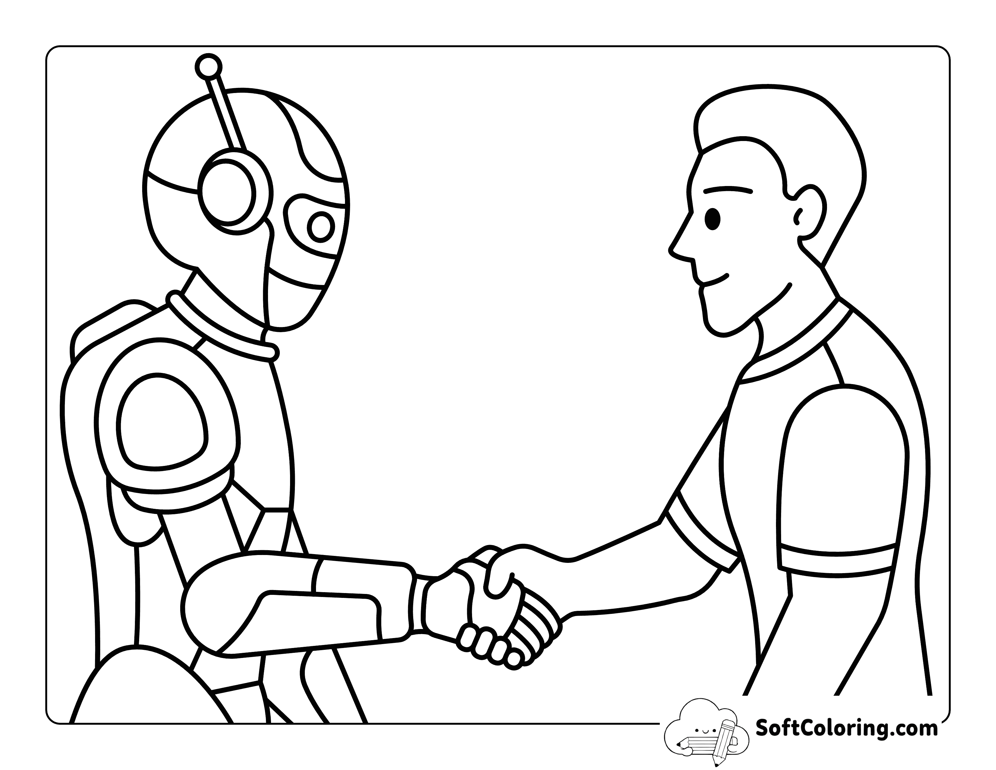 Robot and Human Shaking Hands Coloring Page