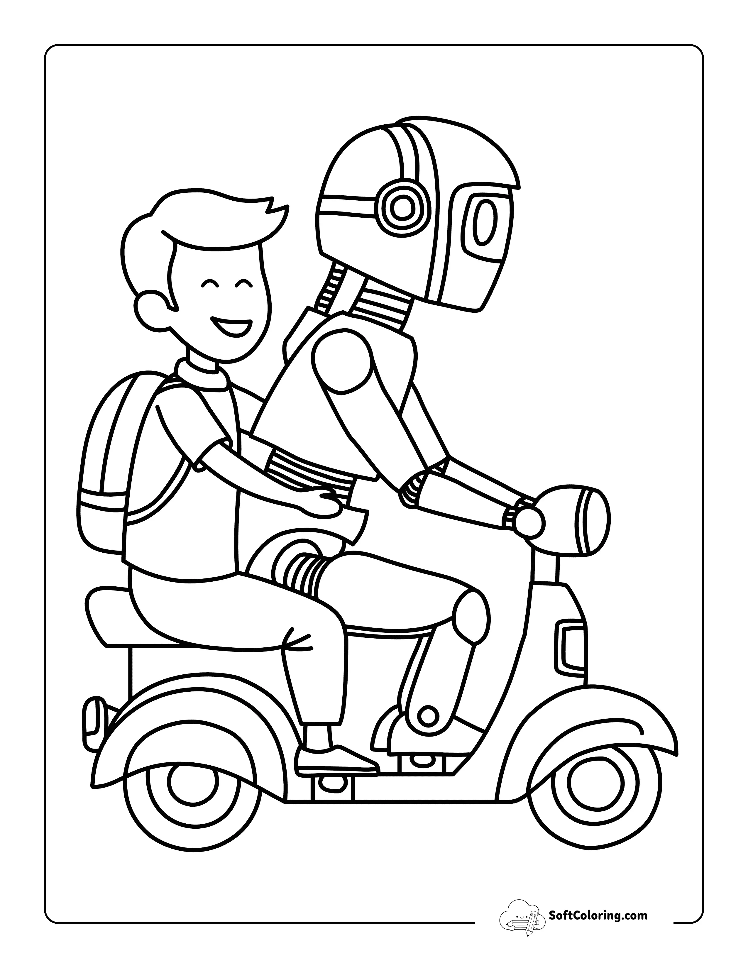 Cool Coloring Page Robot Driving A Scooter
